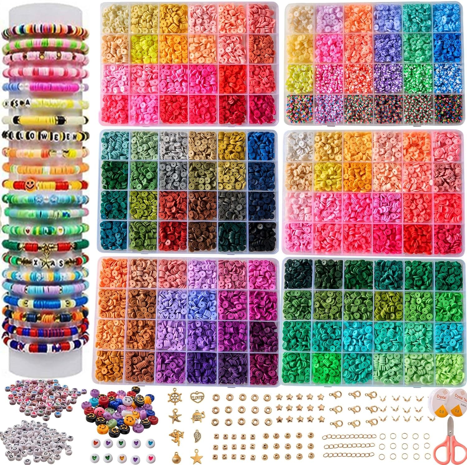 Clay Beads Bracelet Making Kit, 144 Colors Flat Polymer Friendship Spacer Heishi Beads for Jewelry Making with Letter Beads and Elastic Strings, 2025 Crafts Christmas Gift (144 Colors)