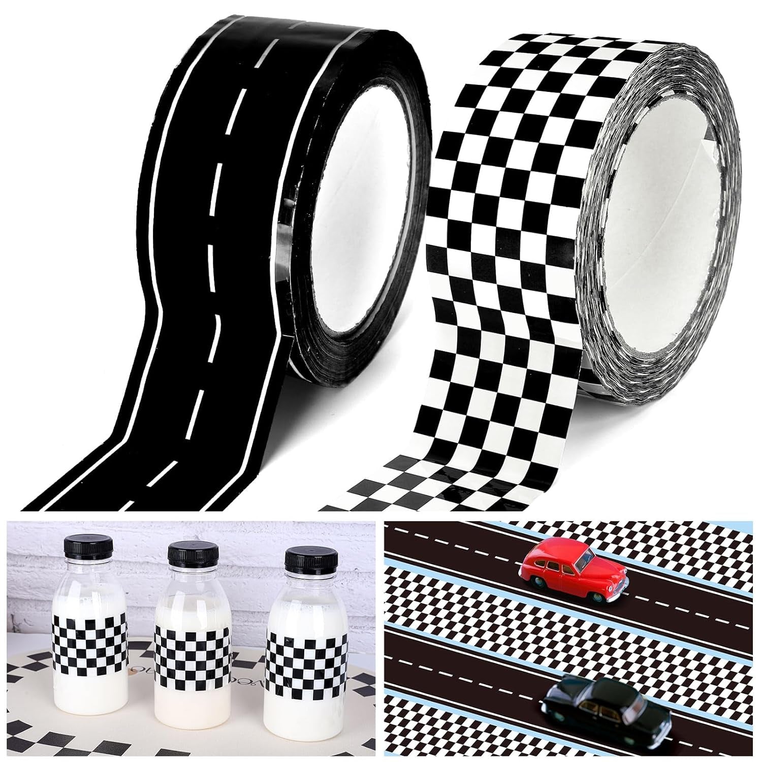 2 Rolls Checkered Flag and Road Track Tapes 109 Yards Black White Buffalo Tapes Decorative Race Car Road Tapes Packing Tapes for Birthday Scrapbook Box DIY Crafts