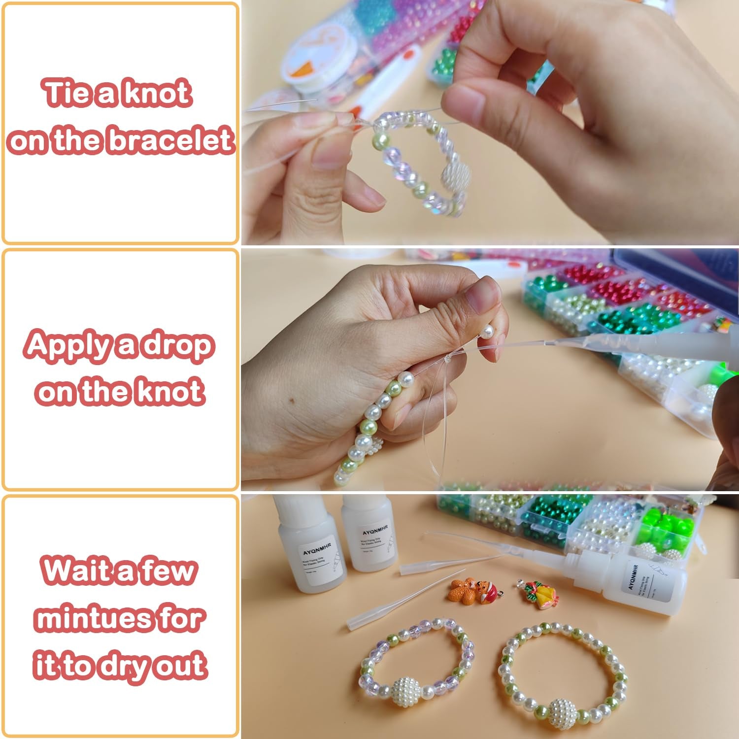 3PCS Professional Bracelet Kont Fixing Drip for Elastic String, Keep Bracelet String Knot Stay Tied for DIY Craft Jewelry Making Kit
