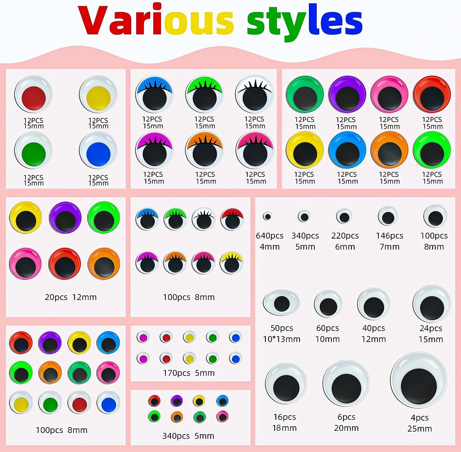 2500PCS Googly Eyes, 48 Styles Googly Eyes Self Adhesive for Crafts, Multi Colors and Sizes Wiggle Eyes for DIY Art Projects Craft Supplies