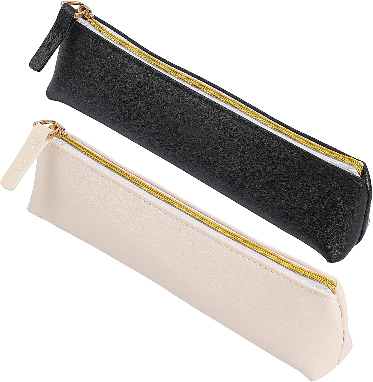 2 Pcs Leather Pencil Pouch, Slim Design Small Pencil Pouch Pencil Bag Zipper Pencil Case Bag Stationery Pouch Bag for Pens, Pencils, Markers(Black&Beige)