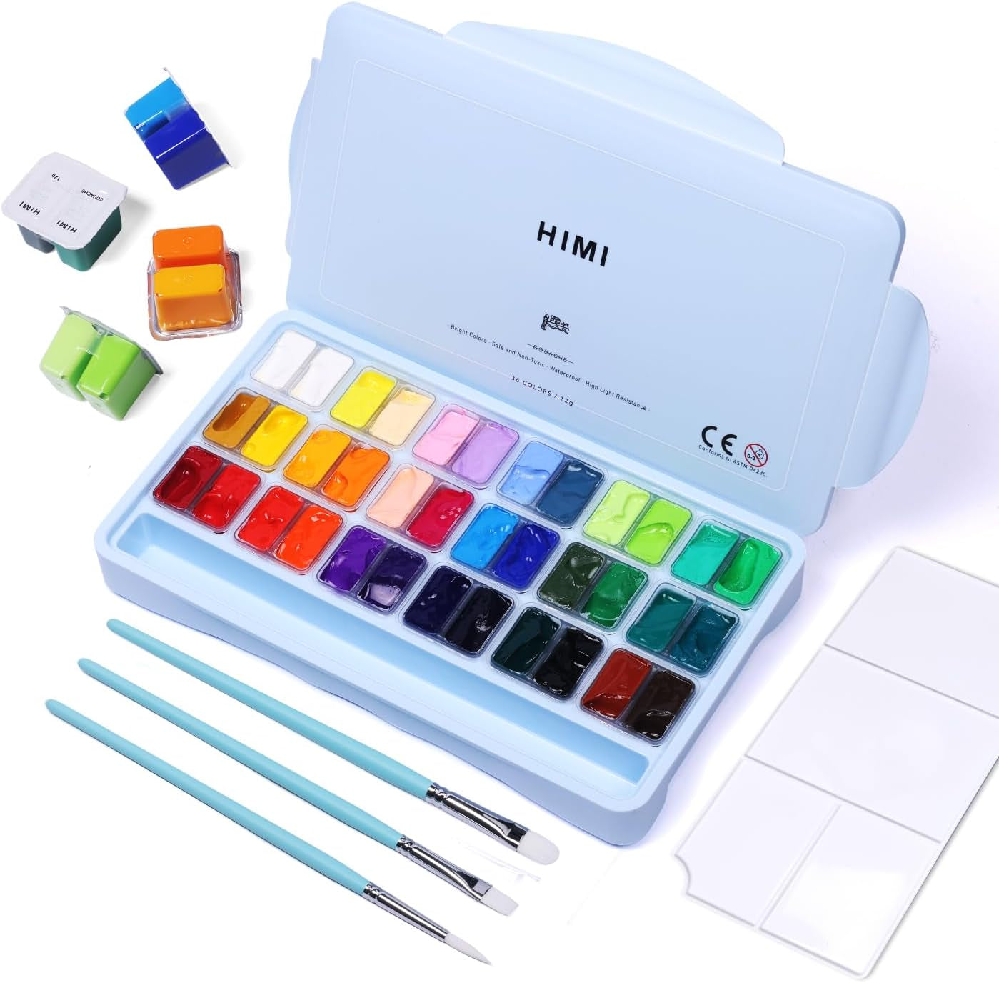Gouache Paint Set, 36 Colors X 12Ml Twin Jelly Cup Design with 3 Paint Brushes and a Palette in a Carrying Case Perfect for Artists, Students, Gouache Opaque Painting