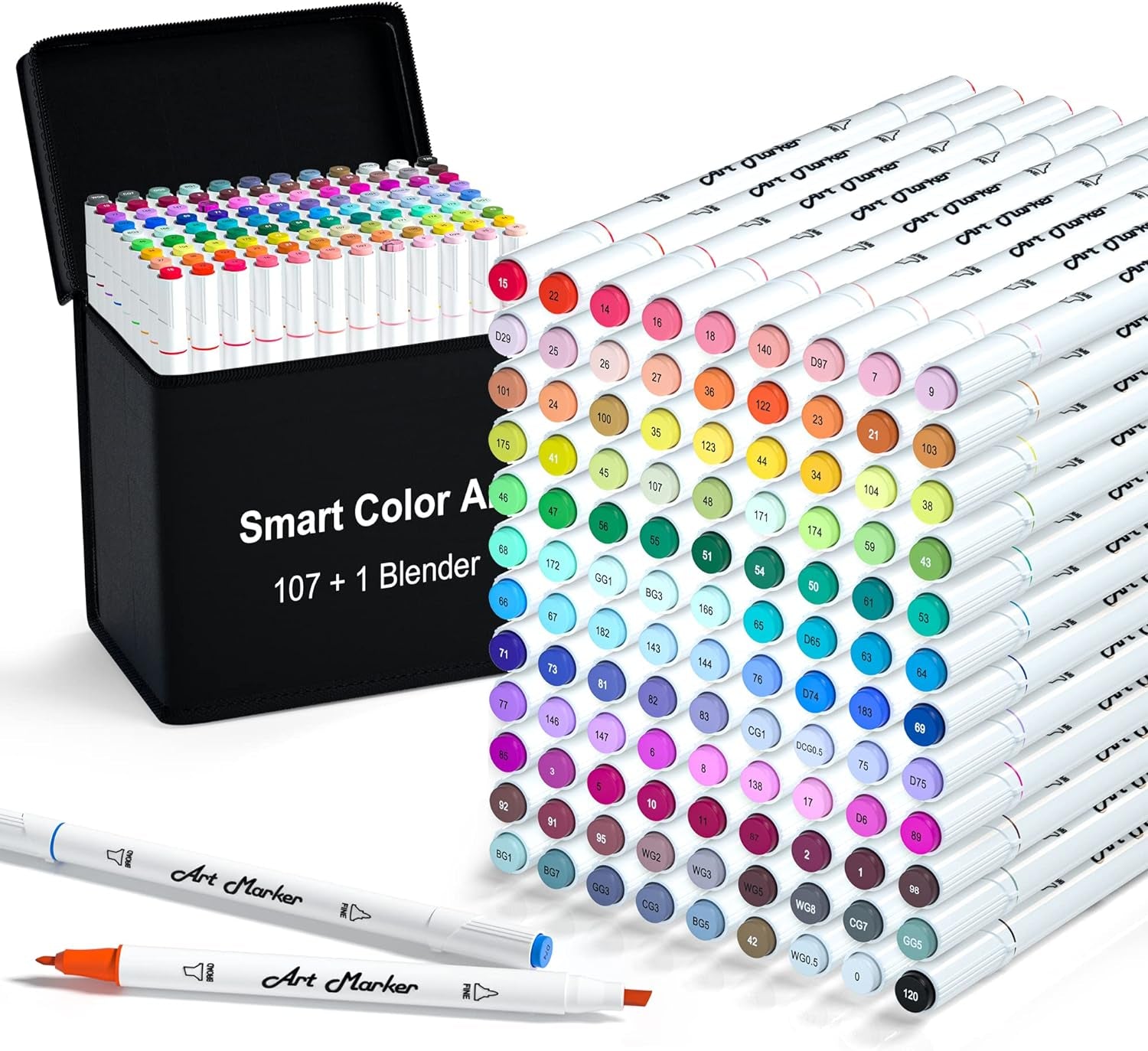 108 Pack Art Markers, 107 Coloring Markers and 1 Blender, Alcohol Based Dual Tip Permanent Markers Highlighters with Case, Excellent for Adults Kids Marking Drawing Sketching by