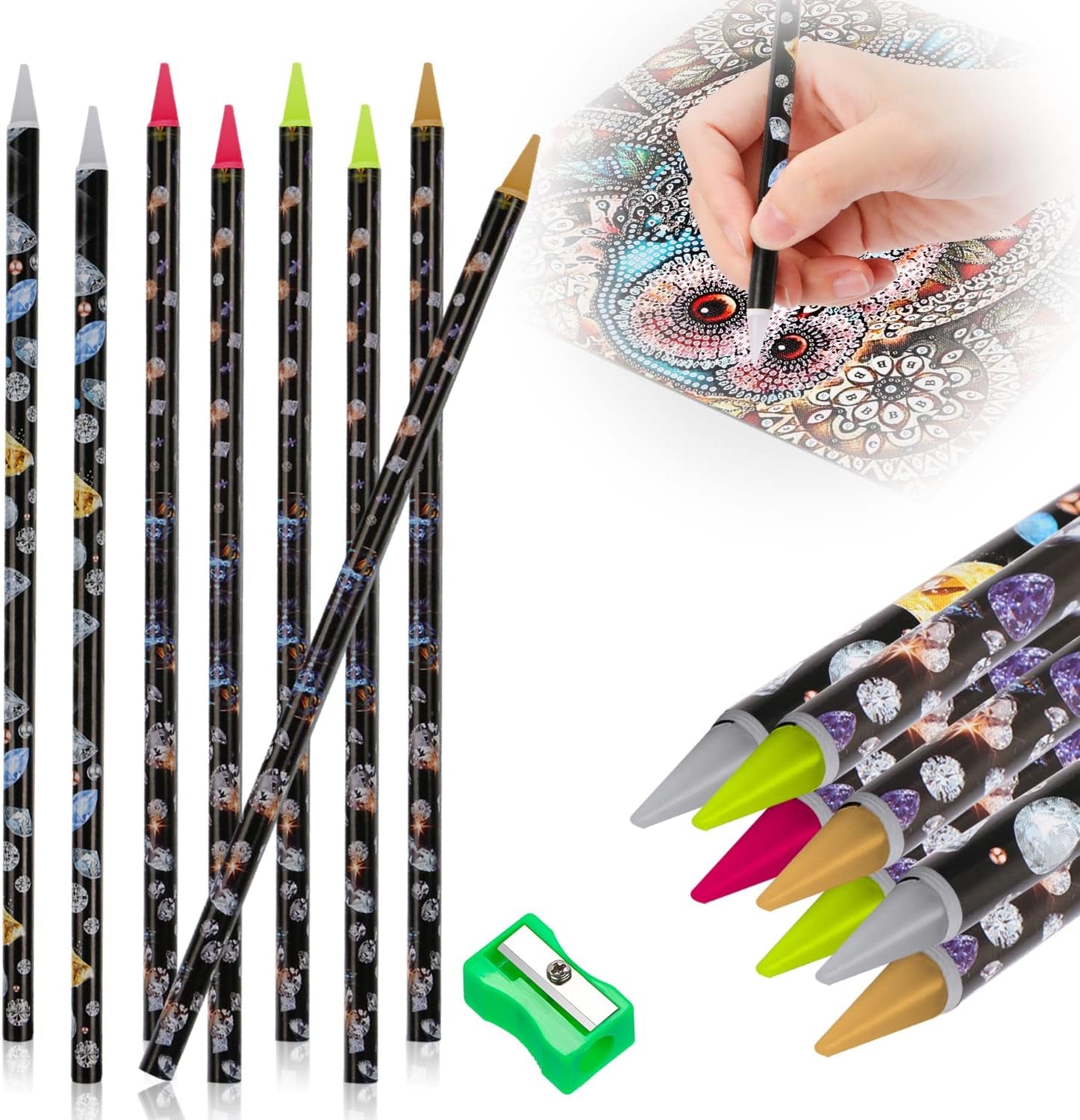 9 Pcs Diamond Painting Pen Rhinestone Picker Pencil Set Self Adhesive Nail Dotting Wax Pen with Pencil Sharpener Resin Point Drill Pens 5D Crystal Gem Pick up Tools DIY Nail Art Accessories