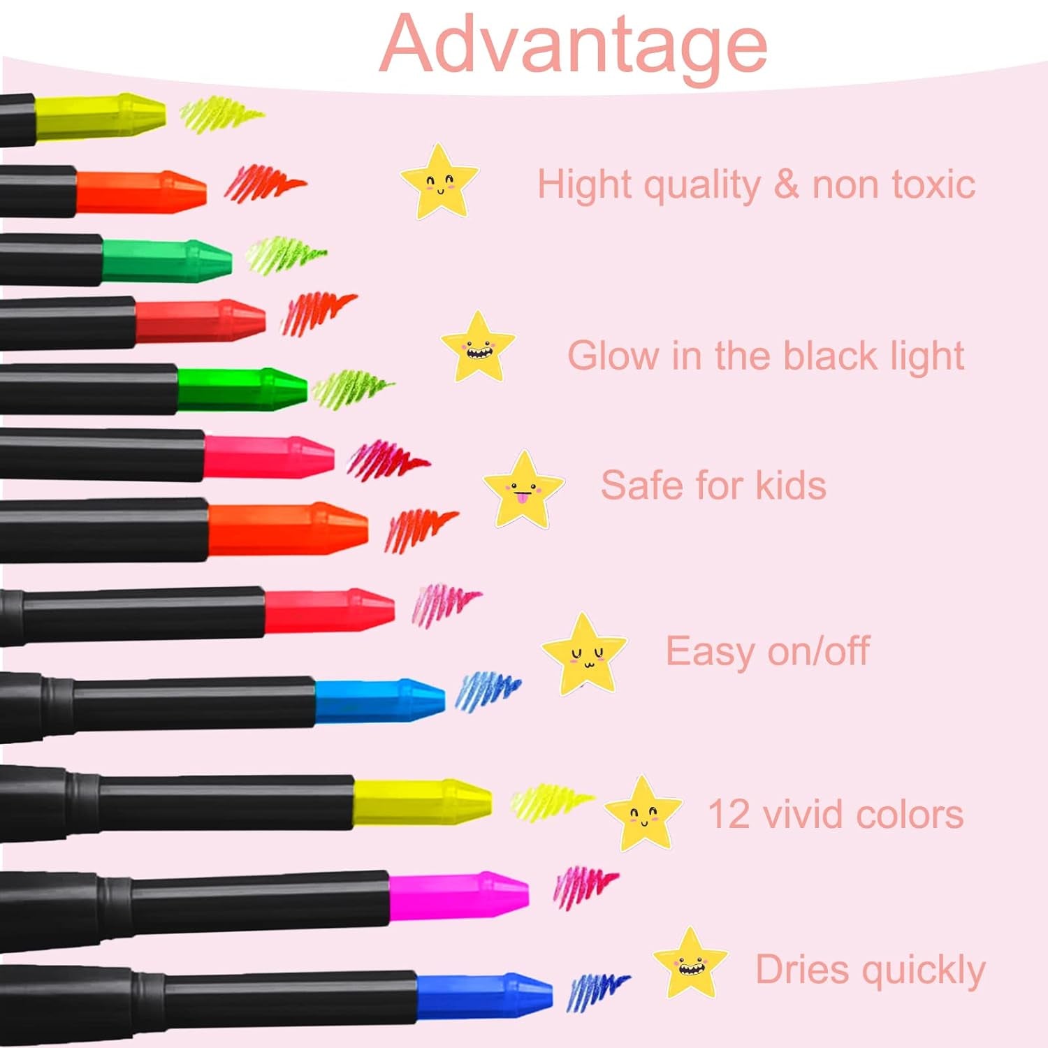 12 Colors Glow Face Body Paint, UV Crayons Makeup Glow in the Black Light Body Paints for Kids Adult, Fluorescent Neon Face Painting Kit for Birthday Party Halloween Masquerade Makeup Outdoor