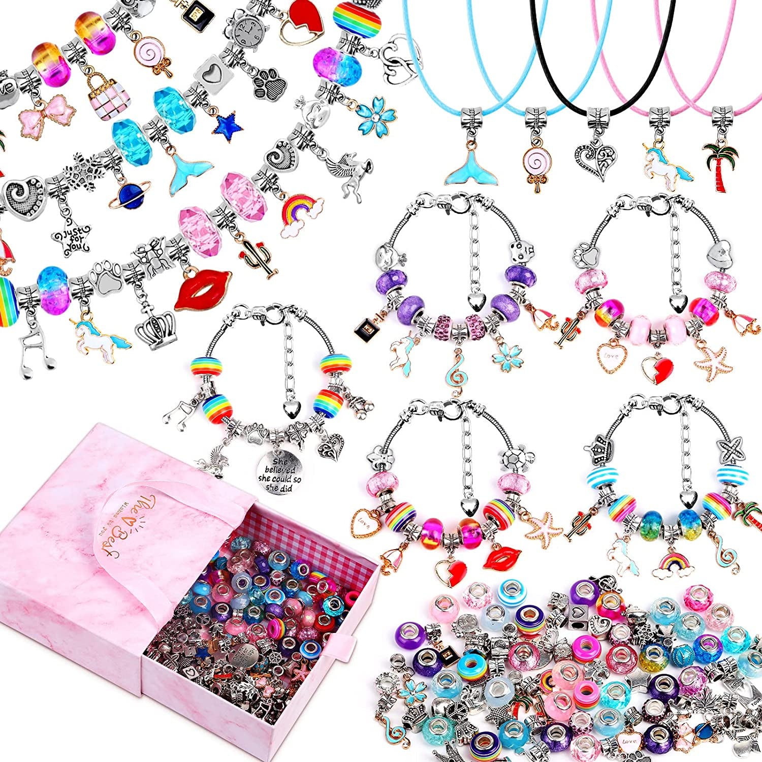150 Pieces Charm Bracelet Making Kit for Girls, Charm Bracelets Jewelry Making Kit with Beads Bracelets Charms Necklace DIY Crafts Gifts Set for Teen Girls Kids Age 8-12