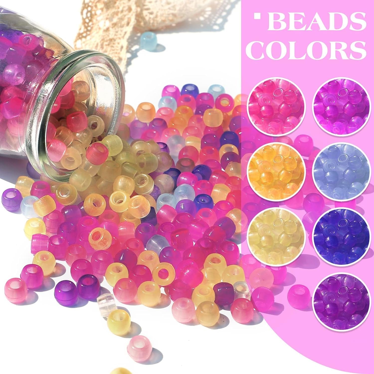 1500 Pcs UV Beads, Glow in the Dark Beads Color Changing Sun Sensitive UV Reactive Pony Beads, Plastic Solar Beads with Crystal Elastic String & 2 Elastic Cords