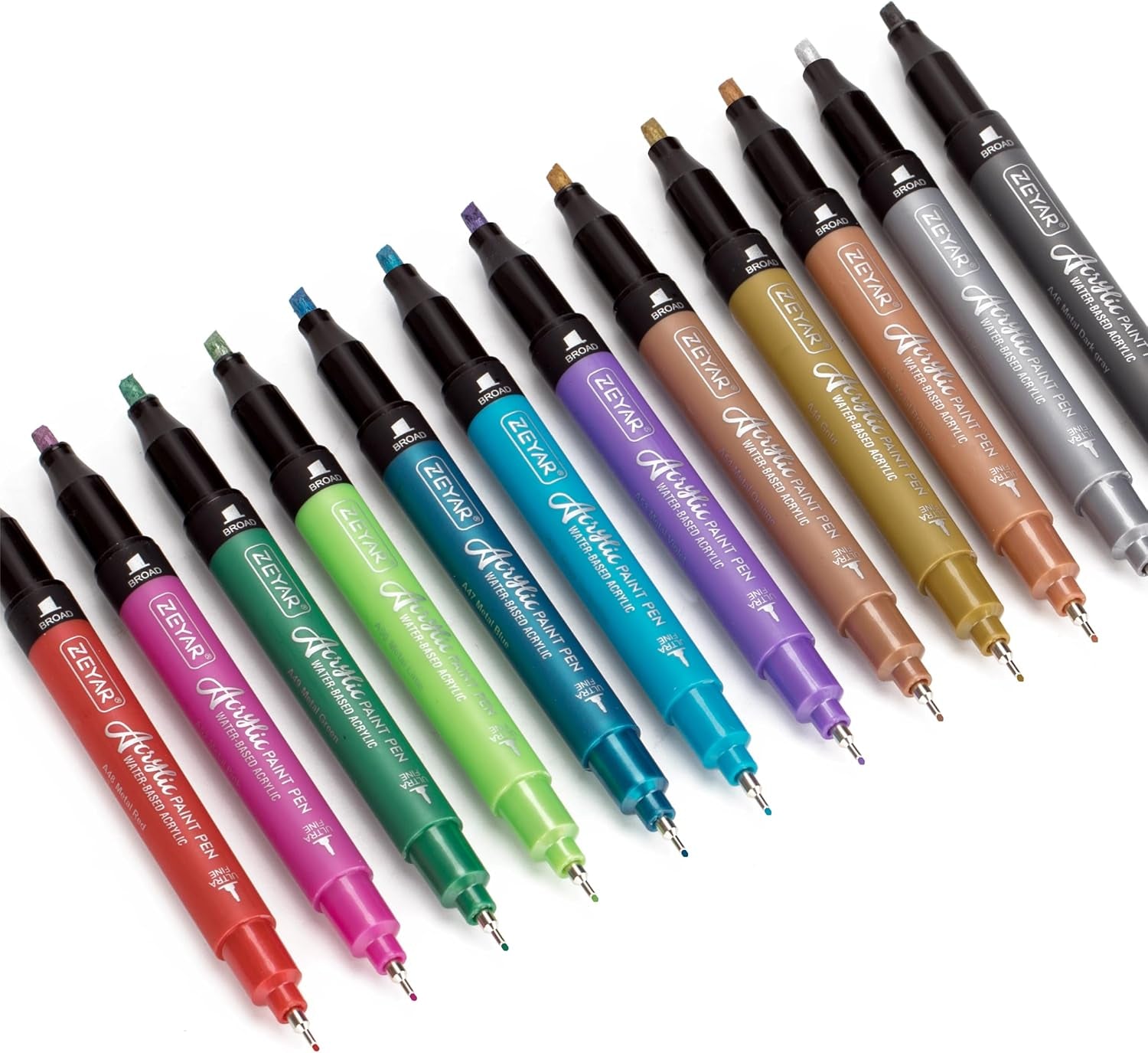 Acrylic Paint Pen, Needle Extra Fine and Chisel Point, 12 Metallic Colors, Waterproof Ink, Works on Rock, Wood, Glass, Metal, Ceramic and More
