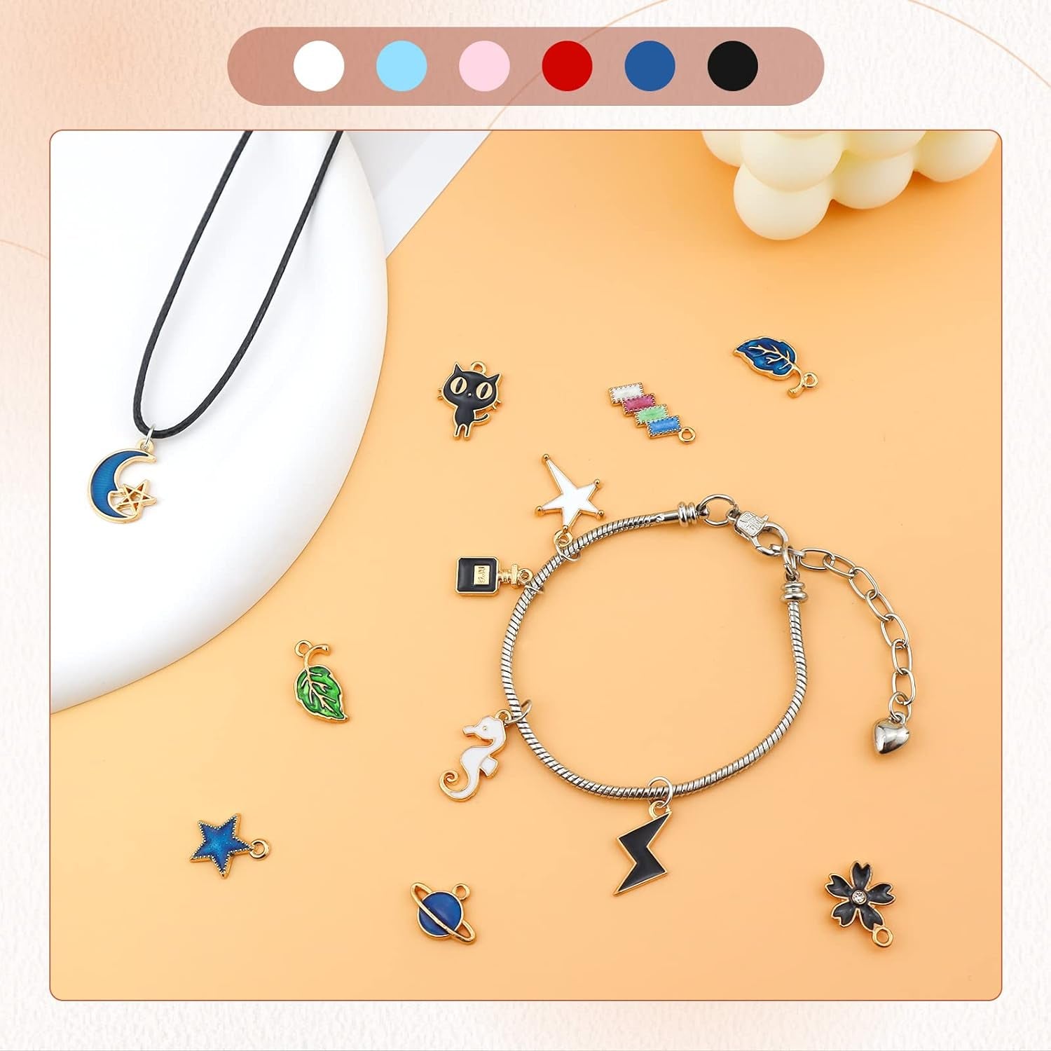 100PCS Gold Plated Enamel Charms Mixed Moon Star Fruit Animal Charm Colorful Pendant DIY for Necklace Bracelet Jewelry Making and Crafting