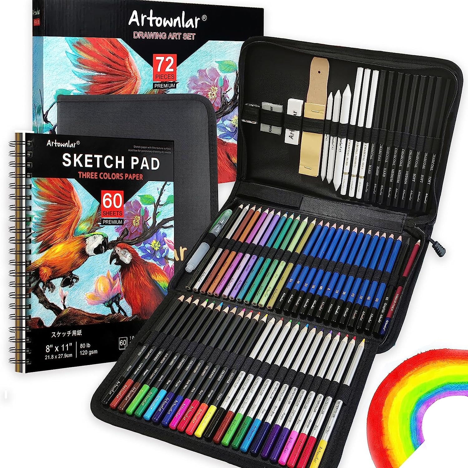 72 Pack Drawing Sketching Set with 8X11" Sketchbook | Pro Art Supplies Kit for Artist Adults Teens Beginner | Graphite Charcoal, Watercolor & Metallic Colored Pencils in Gift Case.
