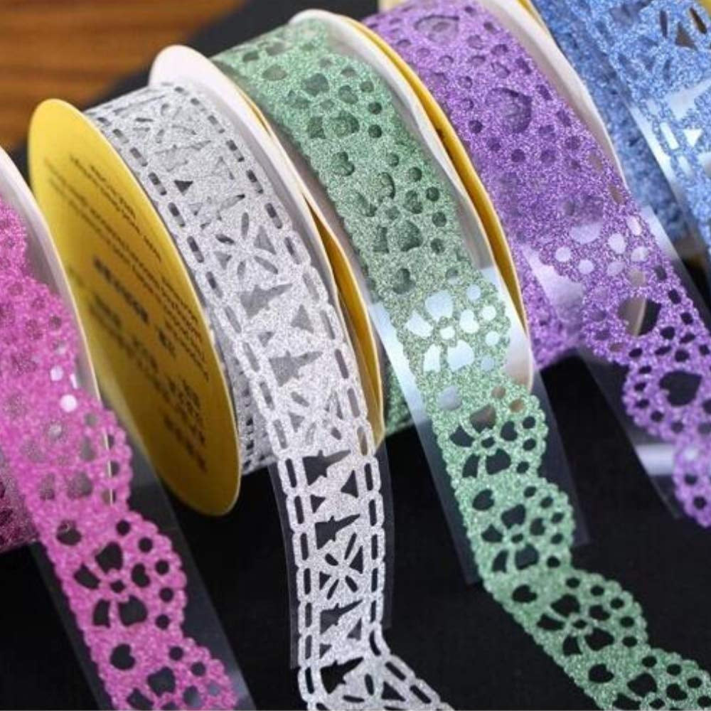 Lace Washi Tape, 6 Roll Lace Pattern Glitter Bling Self-Adhesive Tape Diamond Washi Tape Masking DIY Scrapbooking Lace Tape Sticker Color Random