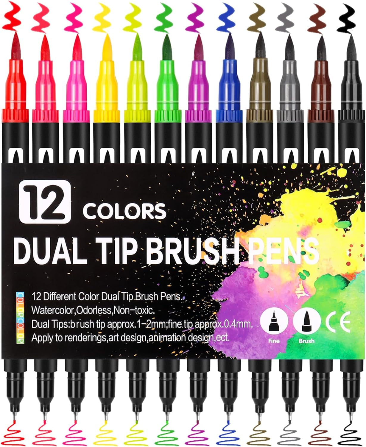 Double Tip Brush Pens Art Markers, 12 Fine Point Coloring Markers for Kids Adult Book Halloween Journaling Note Taking Lettering Calligraphy Drawing Art Craft Supplies Kit