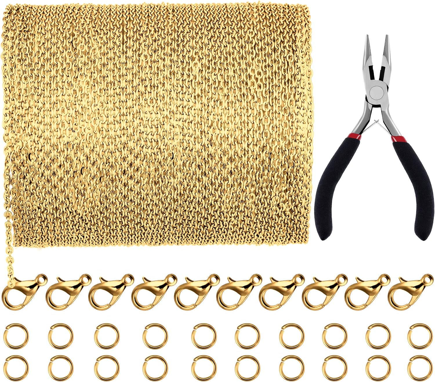 39.4 Feet 2 Mm Link Chains Necklace Chain Necklace Jewelry Plier with 30 Pieces Lobster Clasps and 100 Pieces Jump Rings for Jewelry Accessories Diy(Gold)