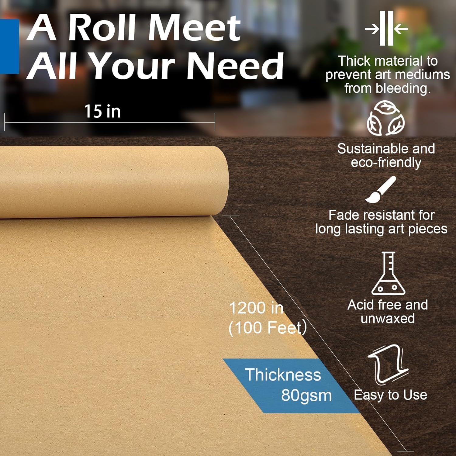 Brown Wrapping Paper, Craft Paper 15" X 1,200" (100Ft), Kraft Paper Roll for Gift Packing, Moving, Shipping, Postal, Art Crafts, Floor Covering, Bulletin Boards, Table Runner