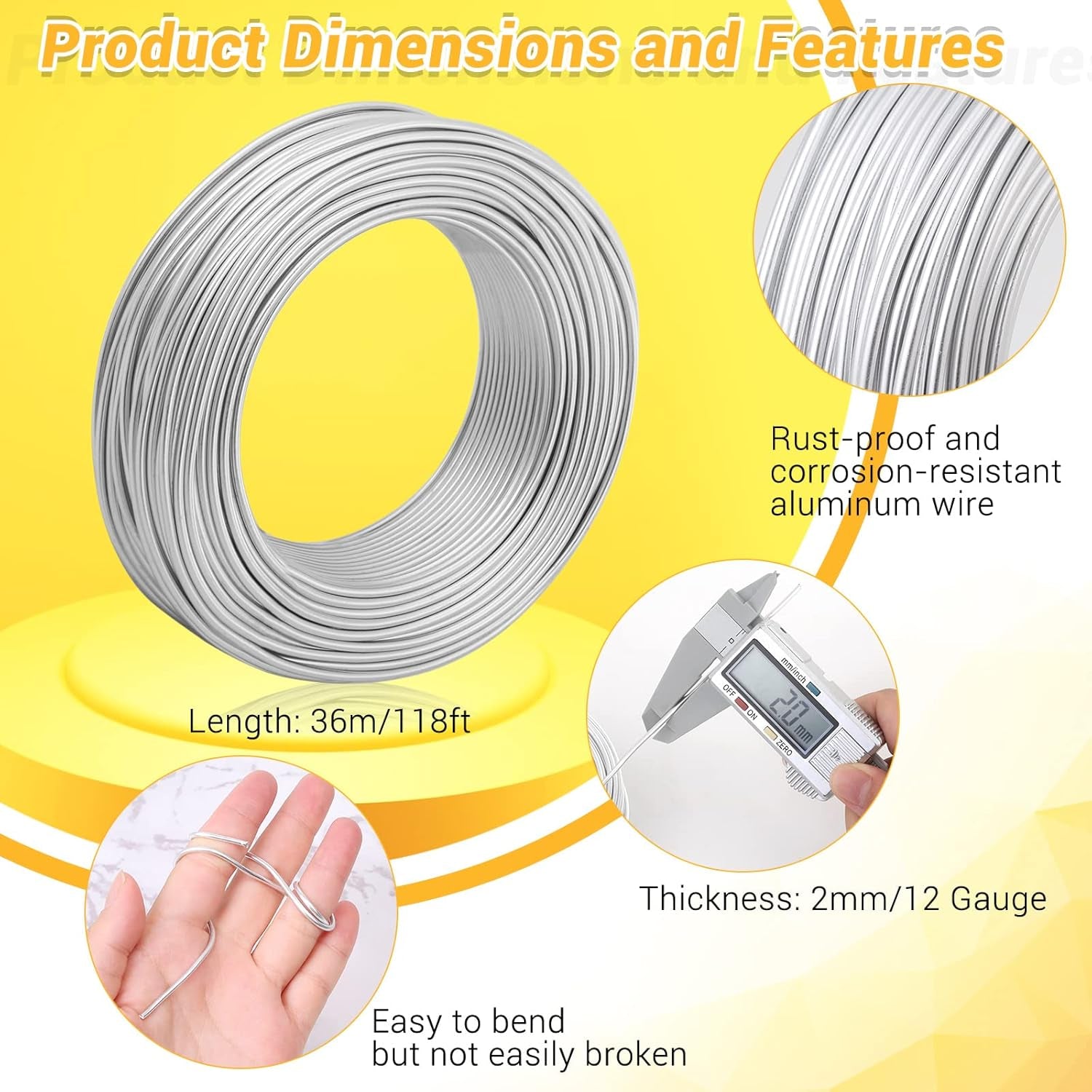 Aluminum Armature Wire for Sculpting, 2 Mm Thickness Metal Bendable Wire Flexible Wrapping Weaving for Crafts, Jewelry Making, Doll Armature, Modeling DIY (12 Gauge, 118 Ft, Silver)