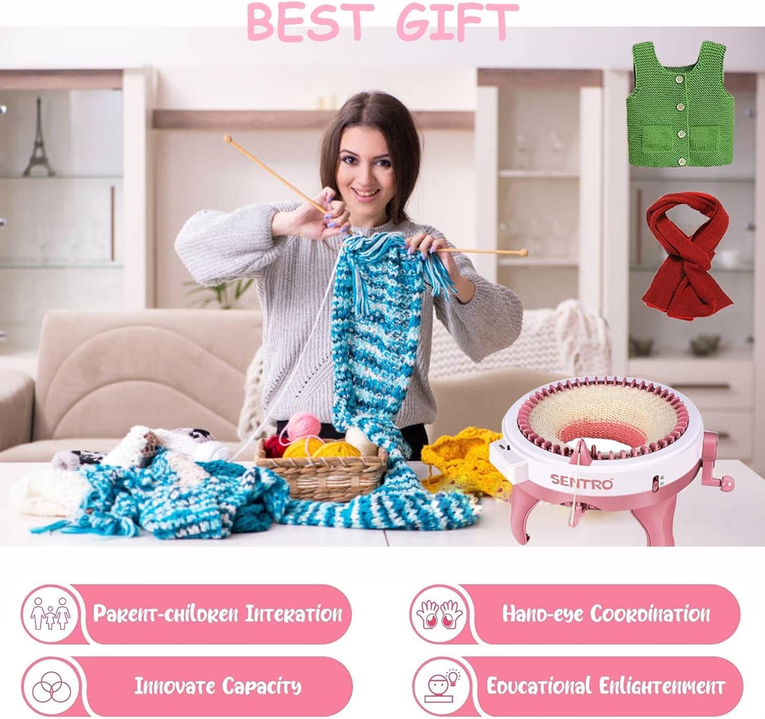 Knitting Machines, 48 Needles Knitting Loom Machine with Row Counter, Smart Weaving Loom round Spinning Knitting Machines,  DIY Knitting Board Rotating Double Knit Loom Machine Kit