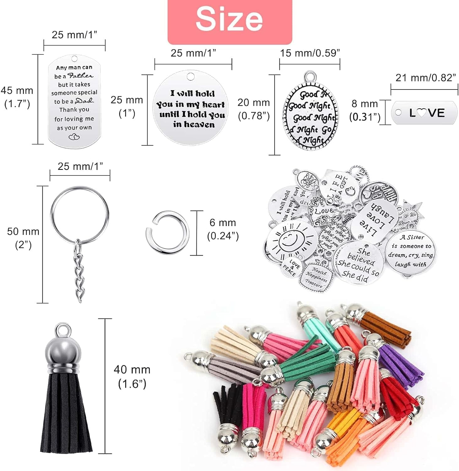 350Pcs Motivational Keychain Accessories Set with 50 Engraved Inspirational Words Charms, 50 Leather Keychain Tassels, 50 Keyring with Chain, 200 Open Jump Rings for Keychain Making, DIY Crafting