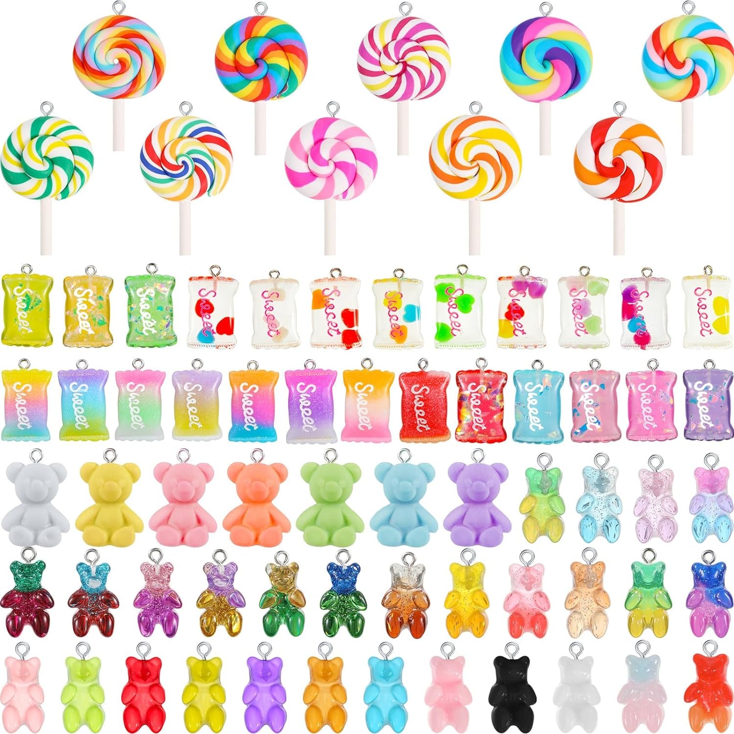 70 Pieces Colorful Candy Pendant Charm for Jewelry Making Cute Bear Lollipops Polymer Clay Resin Charms for DIY Keychain Necklace Bracelet Earring Craft