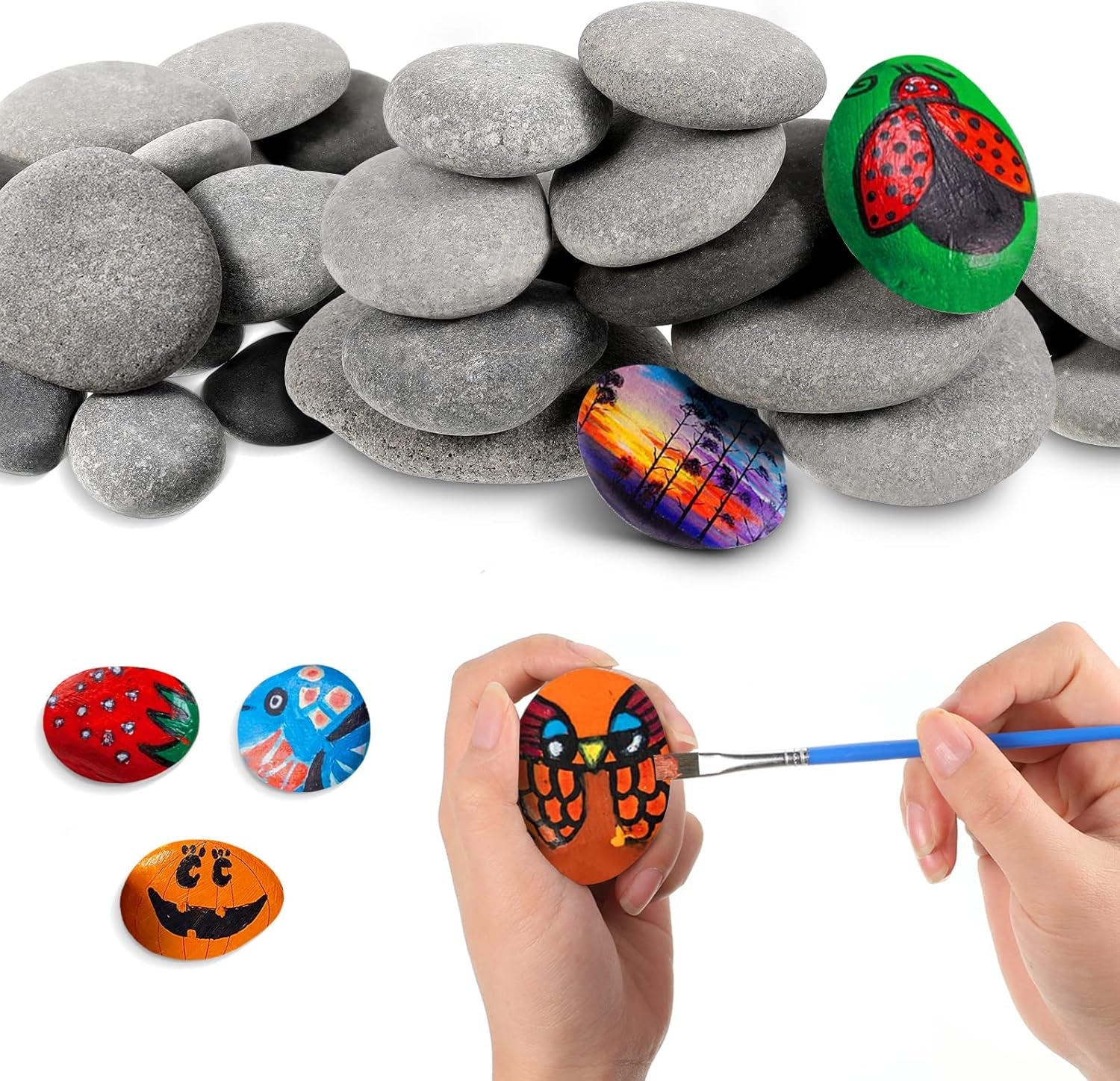 48 Pcs River Rocks for Painting 1.2-3.15 Inch Smooth Painting Rocks Natural Flat Rocks Assorted Size for Painting and Crafting, Family Time, Kid Party and Outdoor Rock Art Garden Decor
