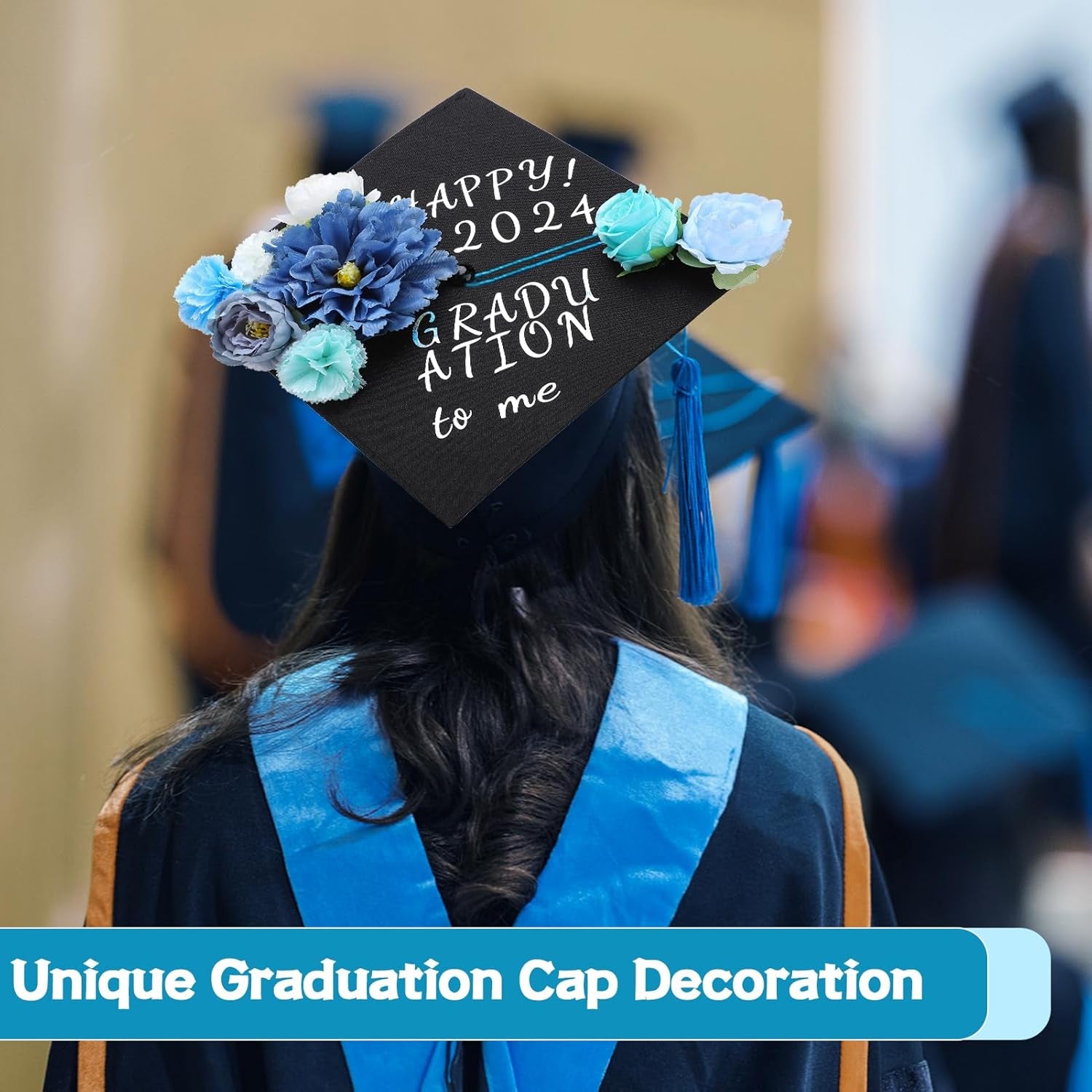 2024 Graduation Cap Decorations Kit - Grad Cap Topper Decor Included 3D Artificial Flowers & Gold and Silver Self-Adhesive Number Letter Stickers & Glue Sticks for DIY (Blue 26 Pcs)