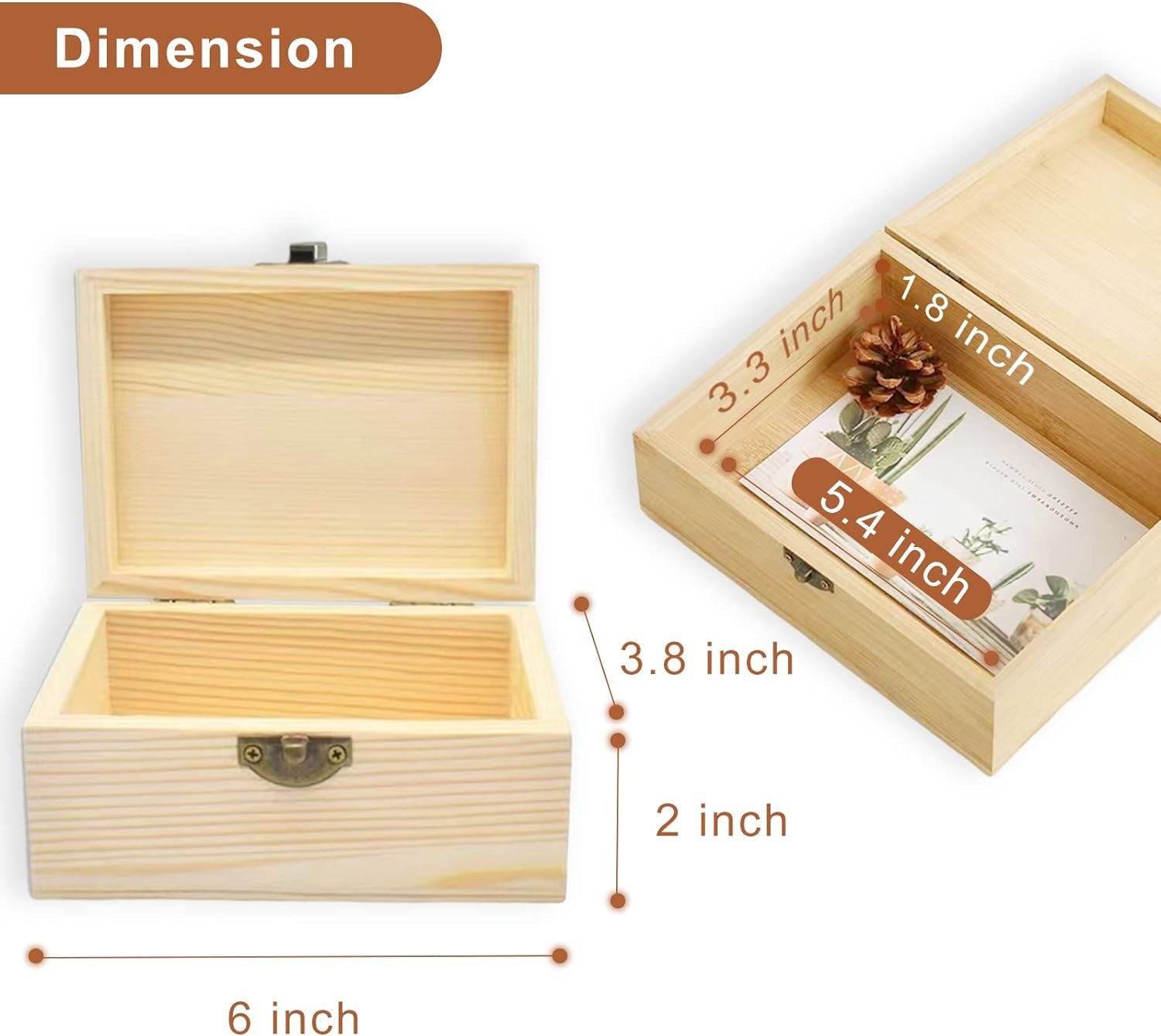 Unfinished Wooden Box with Hinged Lid, 4 Pcs- 6"X3.8"X2" Wood Boxes Bulk for Craft, Make Your Own Gift, Jewelry Pin Box
