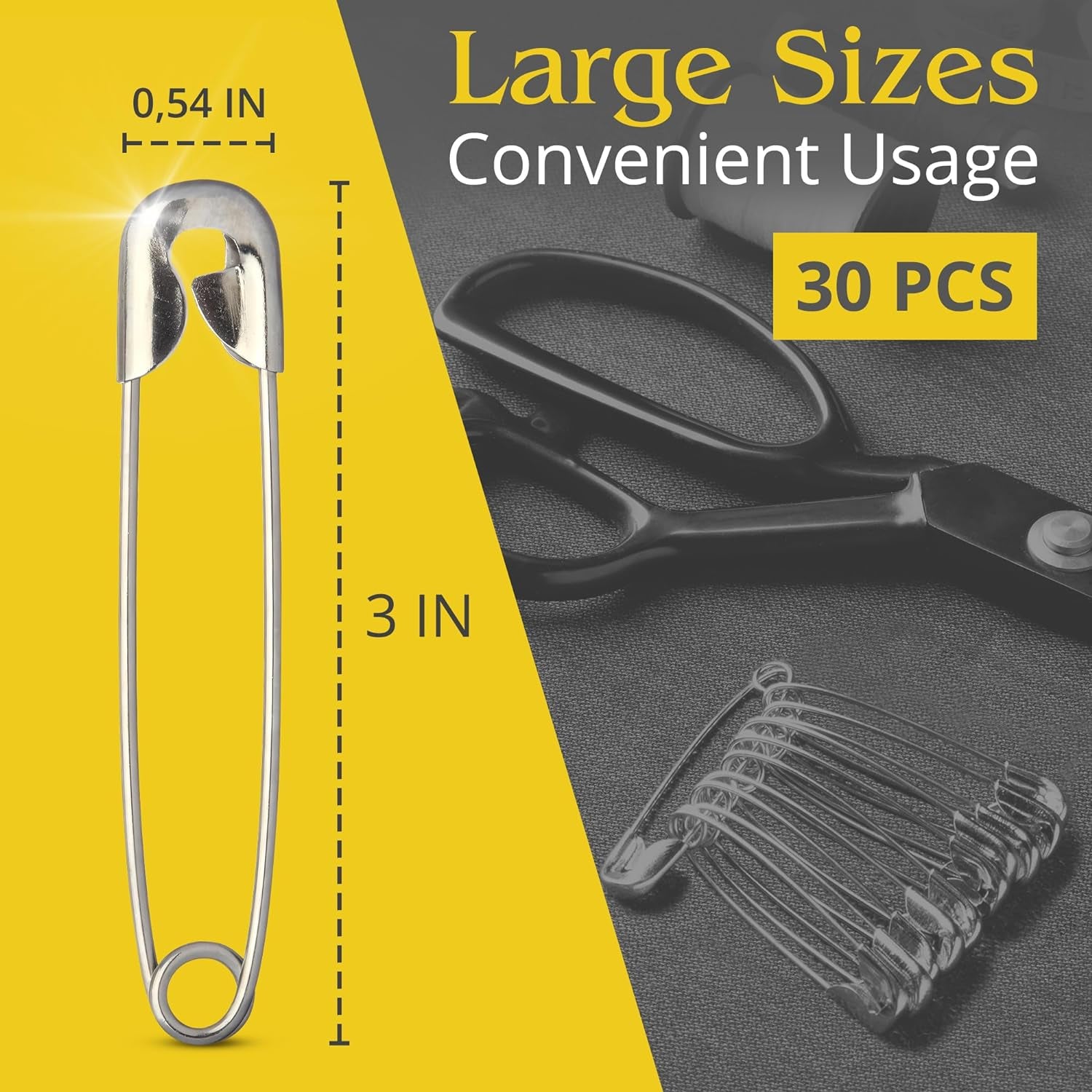 30Pcs Extra Large Safety Pins Heavy Duty - 3" Stainless Steel Safety Pins Clothes Pins for Crafts Big Safety Pins Heavy Duty Quilting Safety Pins - Safety Pins for Clothes Pins Bulk Safety Pins