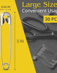 30Pcs Extra Large Safety Pins Heavy Duty - 3" Stainless Steel Safety Pins Clothes Pins for Crafts Big Safety Pins Heavy Duty Quilting Safety Pins - Safety Pins for Clothes Pins Bulk Safety Pins