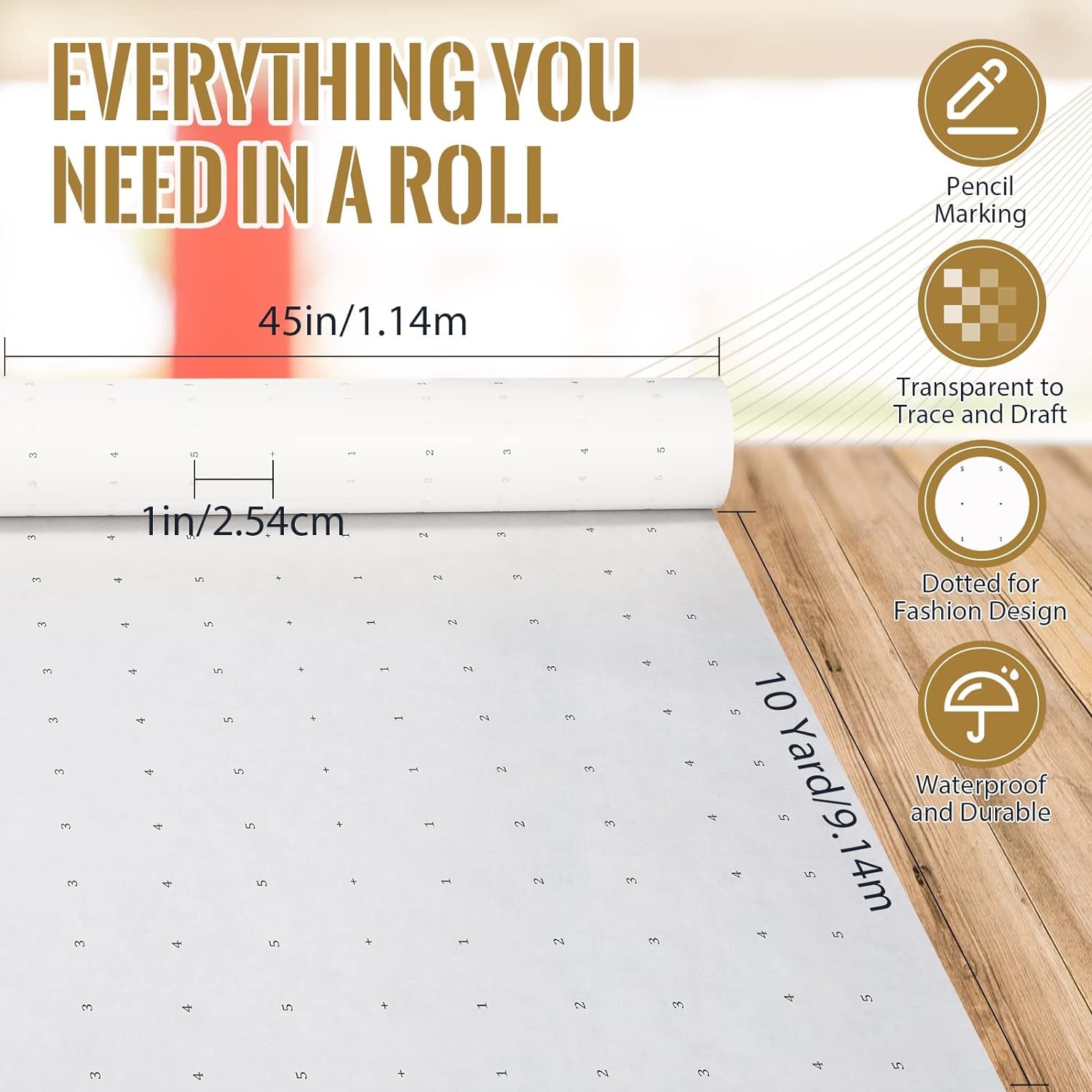 Dotted Pattern Paper for Sewing, 45 Inch X 10 Yards Tracing Paper for Pattern Drafting, Spaced Every Inch Alphanumeric Marking Paper for Dressmaking