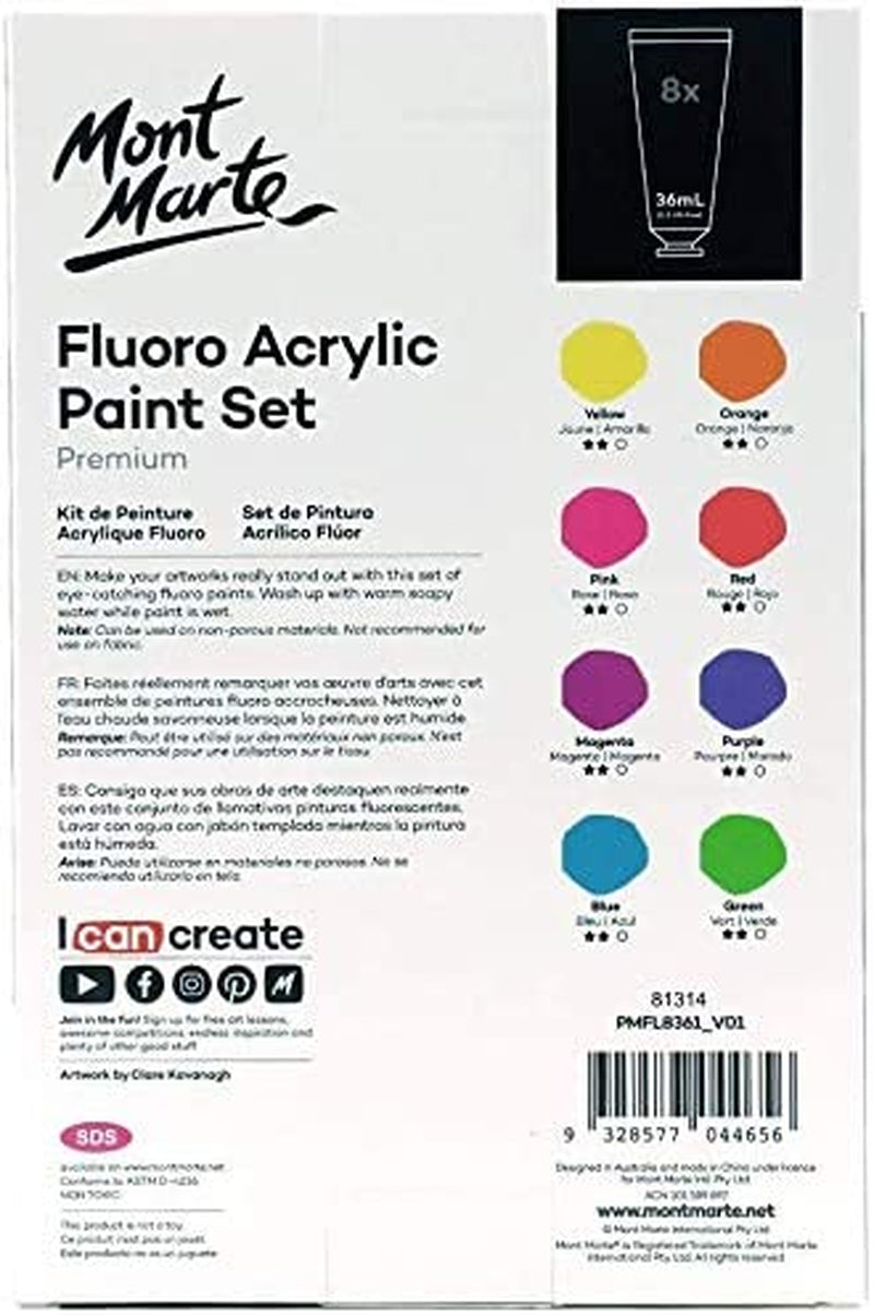 Fluoro Acrylic Paint Set, 8 X 1.02Oz (36Ml) Tubes, 8 Colors, Suitable for Most Surfaces Including Canvas, Card, Paper and Wood