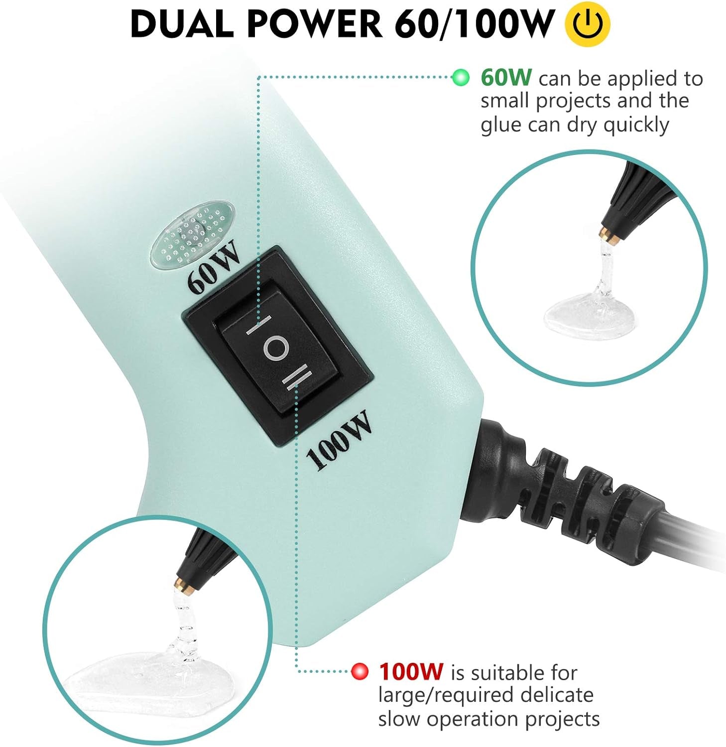 60/100W Hot Glue Gun Full Size with 15 Pcs Hot Glue Sticks (0.43 X 5.9 Inch) and Carry Case, Dual Power High Temp Melt Glue Gun Kit with Finger Caps, Mat for Arts Craft, Household, Green