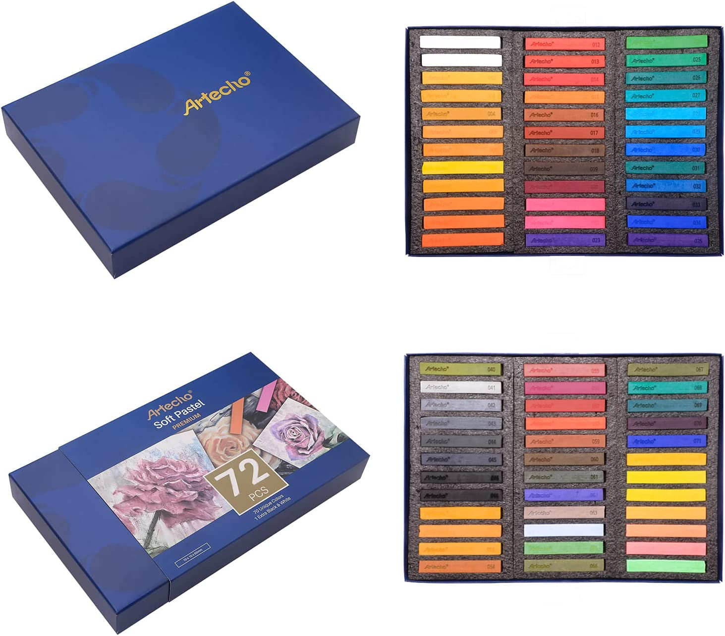72Pcs Soft Pastels, 70 Colors Including 4 Fluorescent Colors, Extra Free Black &amp; White, Square Chalk for Drawing, Blending, Layering, Shading, Pastels Art Supplies
