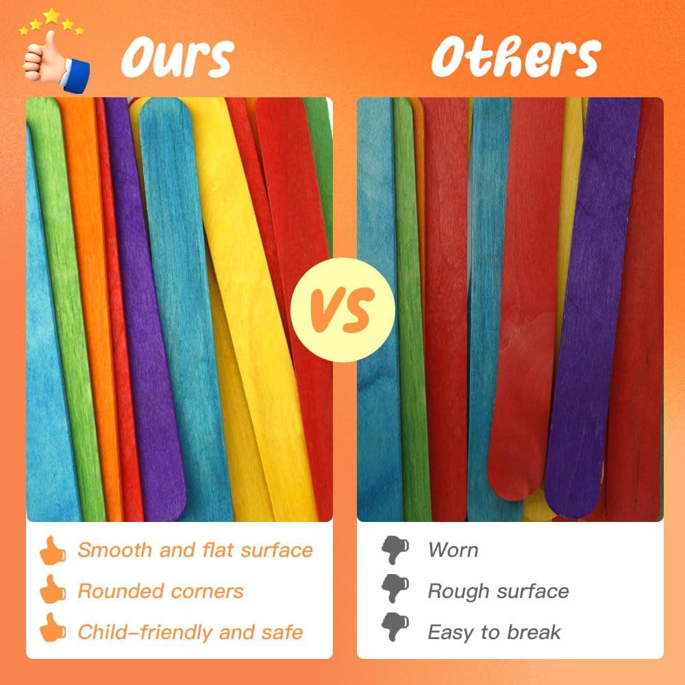 100 Pcs Colorful 6 Inch Jumbo Popsicle Sticks for Crafts, Popsicle Stick, Tongue Depressors Wood,Wax Stick,Craft Sticks, Stir Sticks,Wooden Sticks for Crafts,Wide Popsicle Sticks Bulk,Ice Cream Sticks