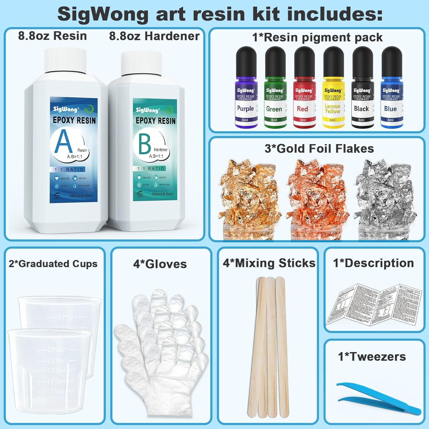 Epoxy Resin - 17.6OZ Crystal Clear Coating Kit, Not Yellowing No Bubble Easy Mix 1:1 Ratio, 2 Part Casting Resin for Art, Craft, Jewelry Making, River Tables, with Pigment, Gold Foil Flakes