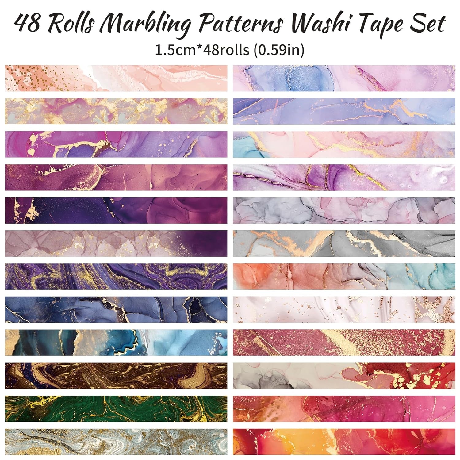 48 Rolls Washi Tape Set - Decorative Masking Tape Colored Marbling Patterns, Adhesive Artists Tapes for Journaling Supplies, DIY Crafts, Scrapbooking, Junk Journal Supplies, School Supplies
