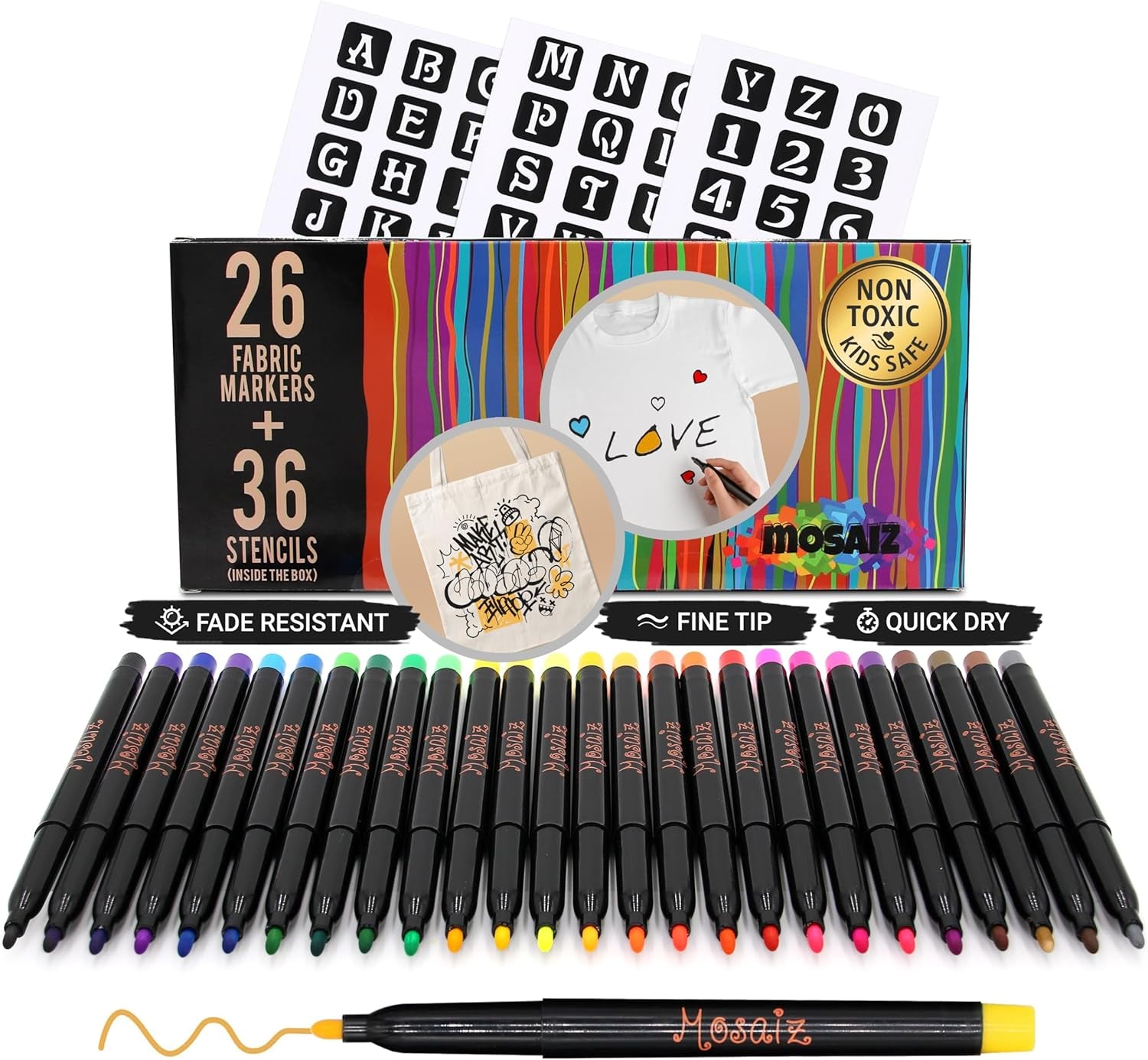 Fabric Markers Set of 26 Colors, Fabric Pens Permanent, Canvas Markers Fabric Paint Pens, Fabric Crayons for Fabric Decorating, with Gold and Silver Shirt Paint and 36 Letter Stencils