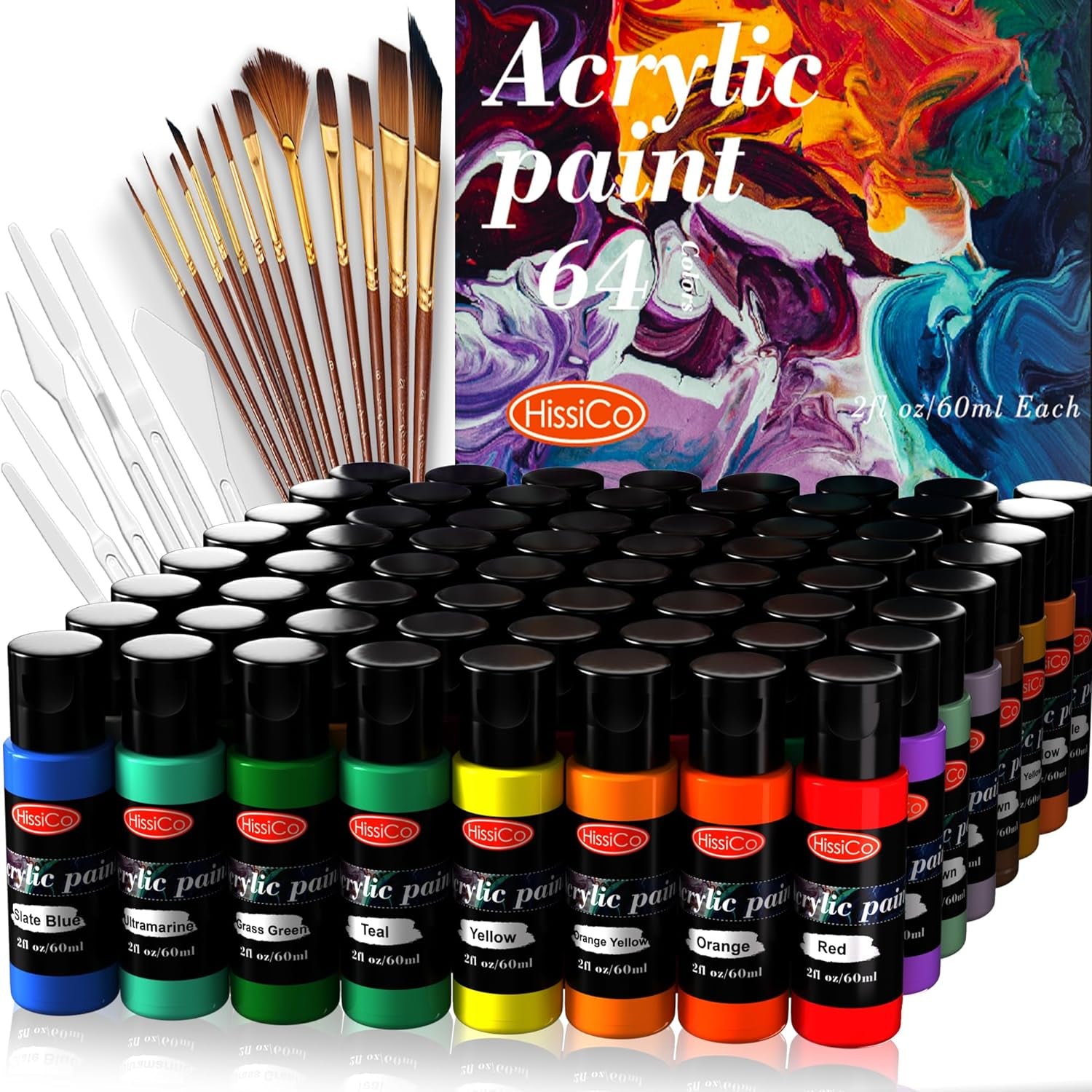 Acrylic Paint Set 76 PCS of 64 Colors 2Fl Oz 60Ml Bottles with 12 Brushes,Non Toxic 64 Colors Acrylic Paint No Fading Rich Pigment for Kids Adults Artists Canvas Crafts Wood Painting