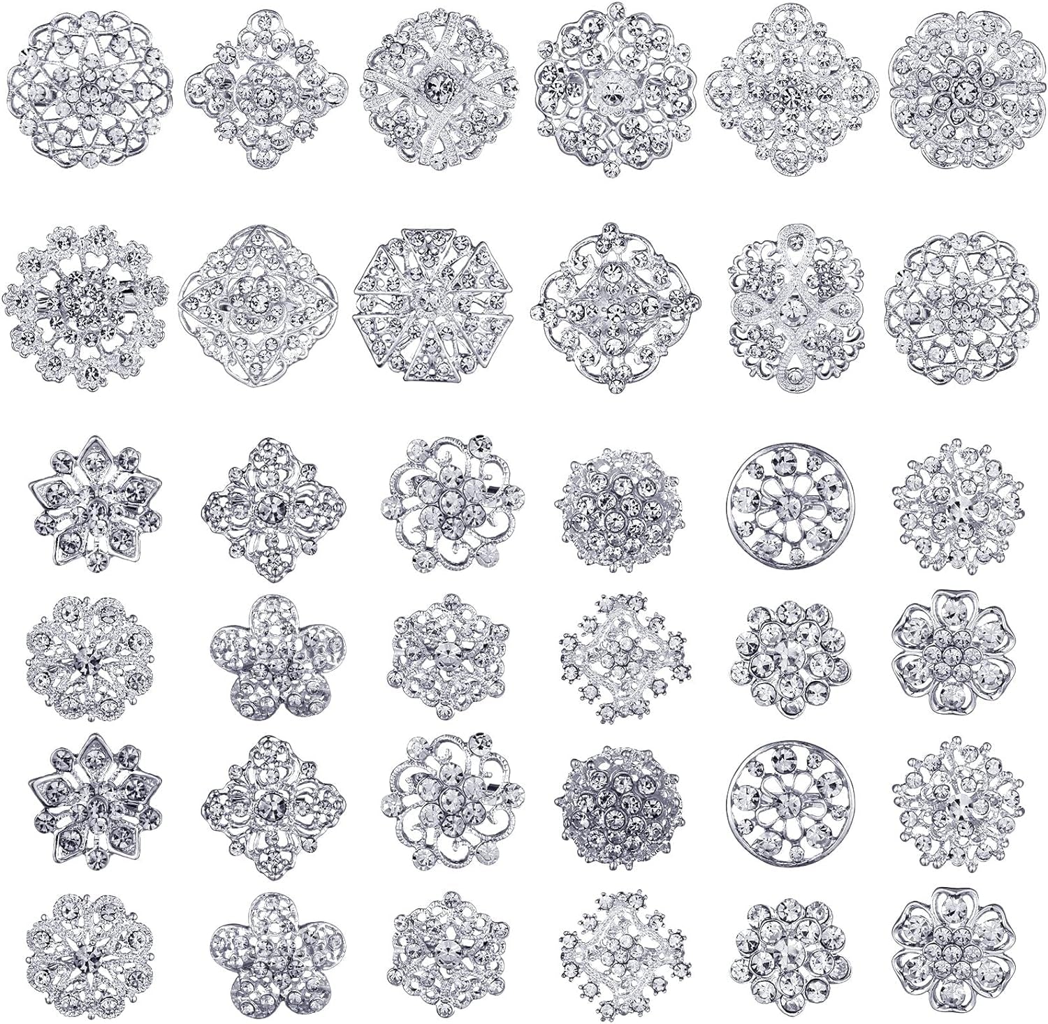 36 Pieces Clear Rhinestone Brooches for Crafts Crystal Flower Brooch Pins with Rhinestones Sliver Bulk Brooches Jewelry for Woman Flower Lapel Badge Pins DIY Wedding Bouquet Broaches Kit