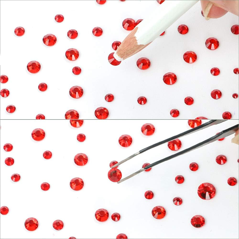 5040Pcs Red Flatback Rhinestones for Crafting, Crystal round Gems for Nail Art DIY Crafts Clothes Bags, 6 Mixed Size Hotfix Rhinestones with Tweezers and Picking Rhinestones Pen