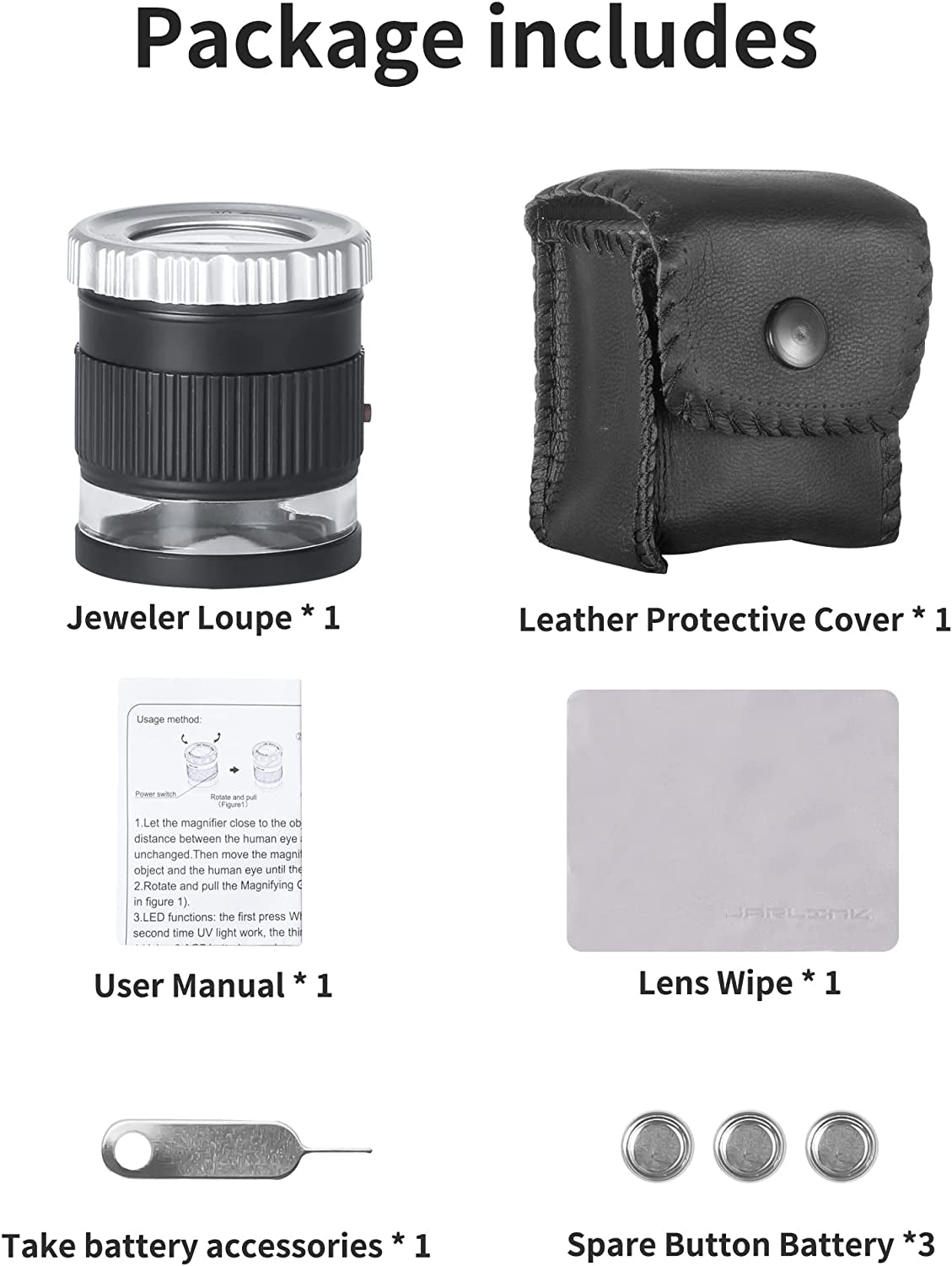 30X Jewelers Loupe, Adjustable Focal Length Magnifier with 3 LED Light for Gems, Jewelry, Coins, Stamps, Etc (Black)