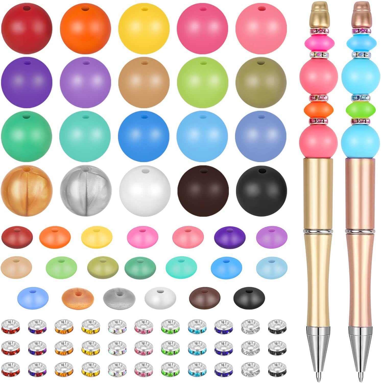 300 Pieces Focal Beads for Pens, 12Mm Silicone Lentil Beads, 15Mm Silicone round Beads and 8Mm Rhinestone Spacer Beads for Beadable Pen, Keychain Making and Jewelry Making