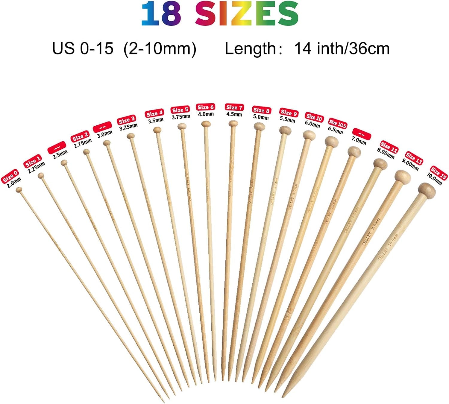 Single Point Bamboo Knitting Needles 14 Inch, 18 Pairs Wooden Knitting Needles for Beginners, US Size 0-15 (2.0-10.0Mm), Straight Wood Needles Prefect for Sweaters, Socks, Shawl, Gloves and Scarf