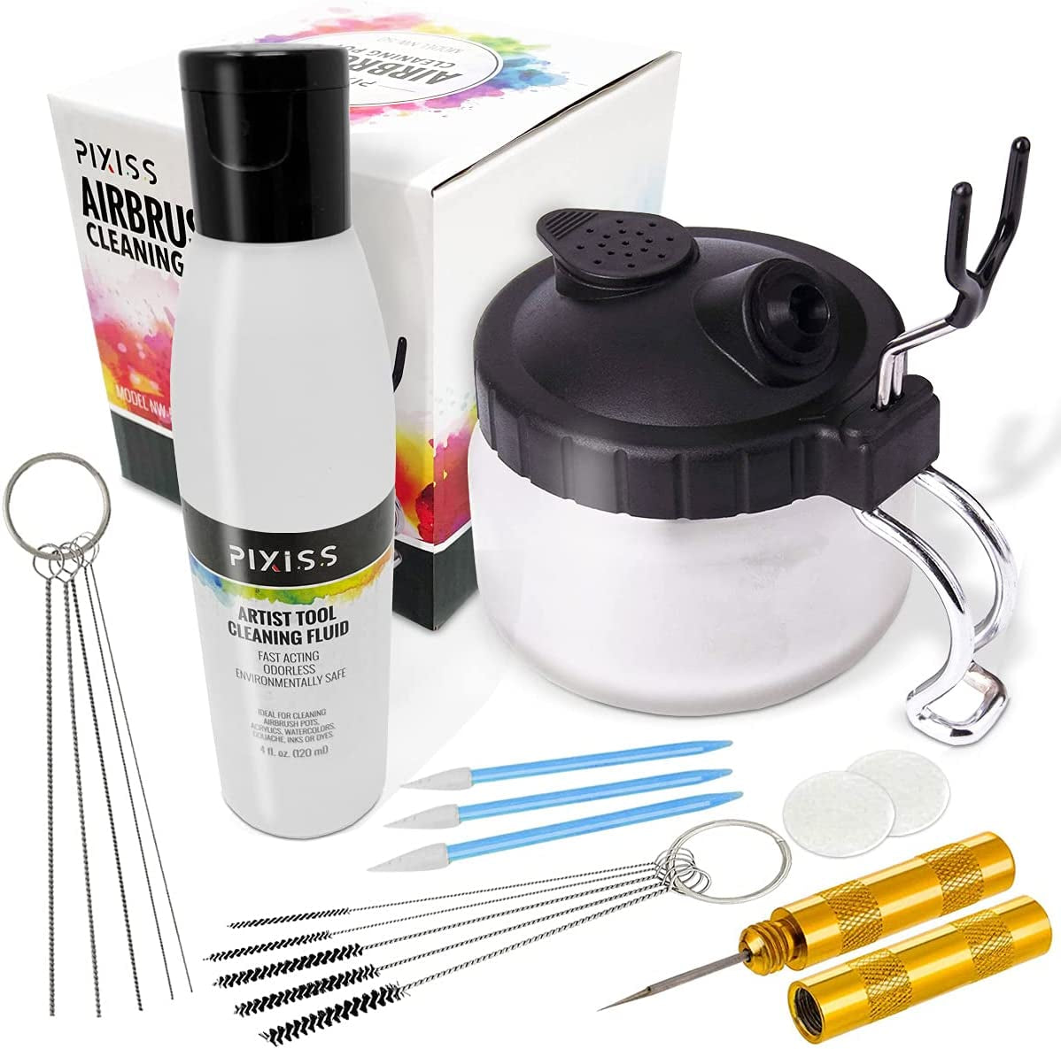 Airbrush Cleaning Kit - Airbrush Clean Pot Glass Cleaning Jar with Holder, 5Pc Cleaning Needles, 5Pc Cleaning Brushes, 1 Wash Needle, 2 Extra Filters