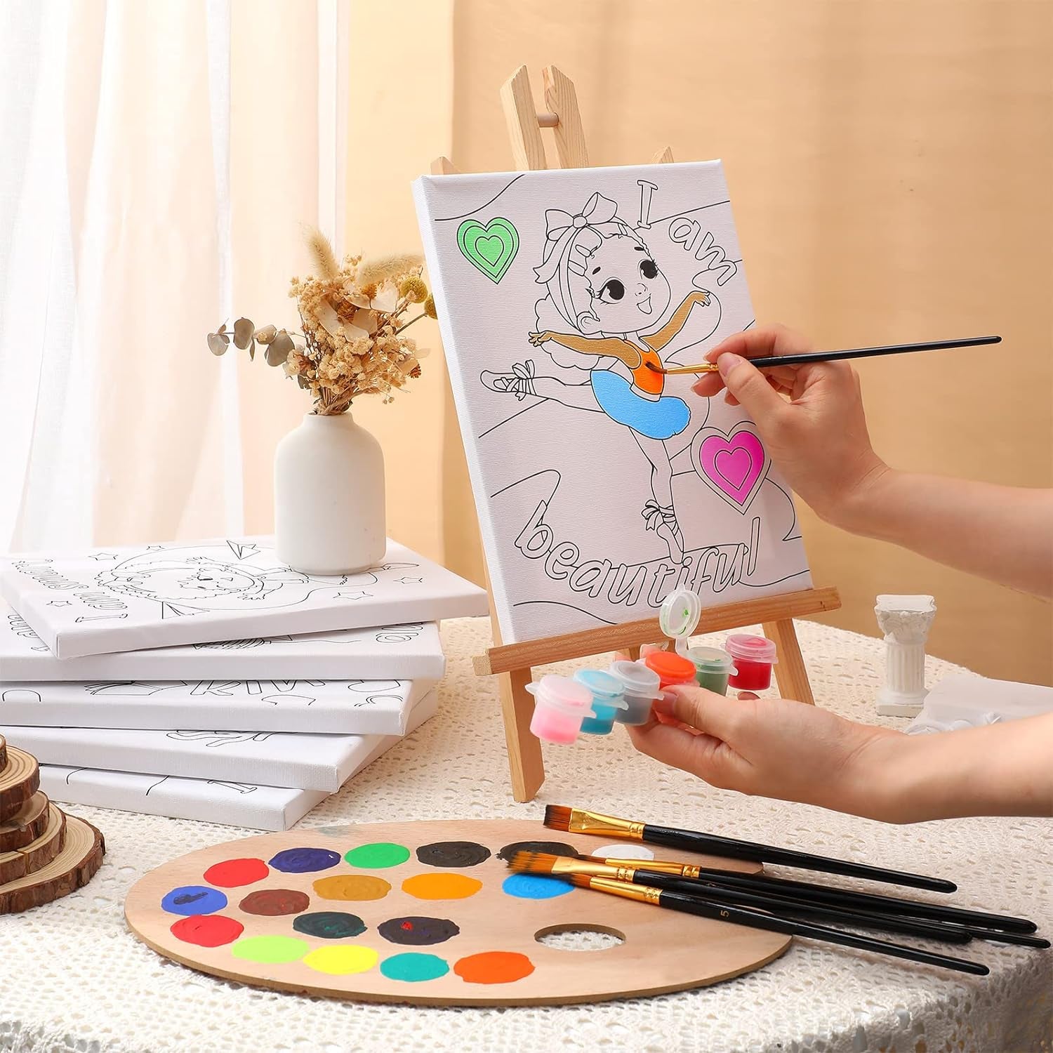 6 Pieces Black Girl Pre Drawn Canvas for Painting 8 X 10 Inch Pre Drawn Stretched Canvas Stretched Outline Canvas Sip and Paint Kit for Adults Kids Paint Birthday Gifts