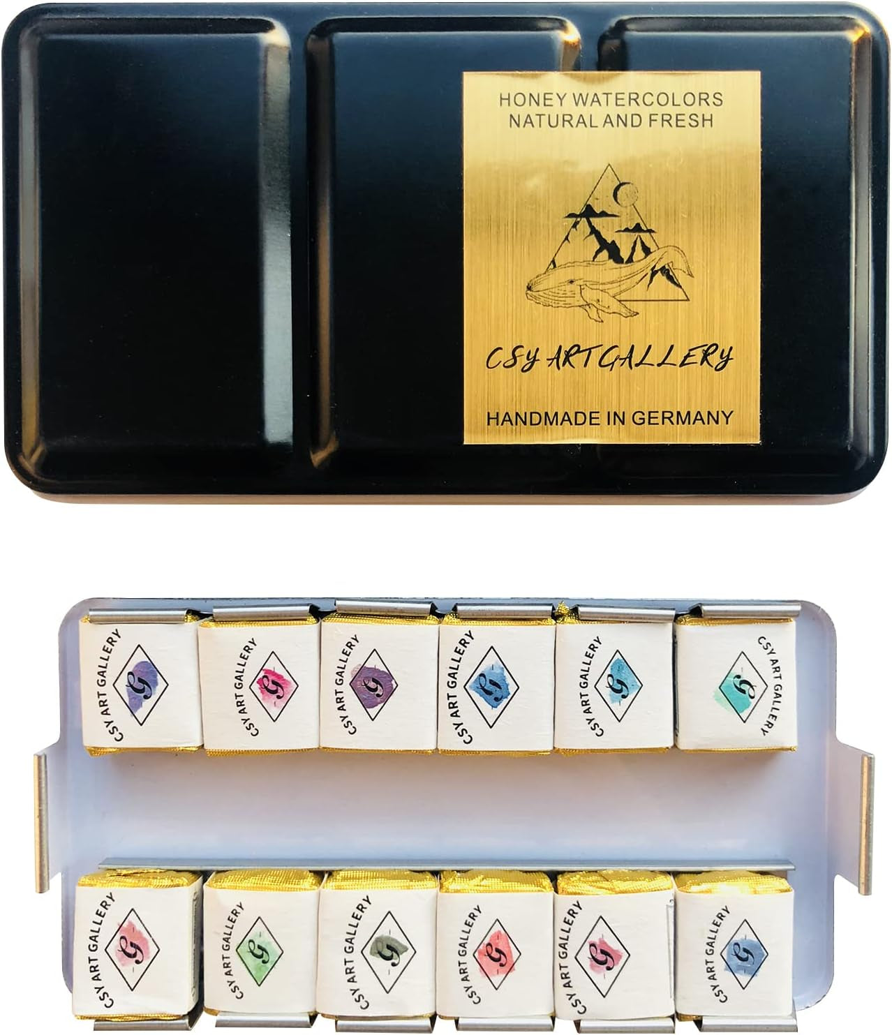 Metallic Watercolour Paints Handmade Glitter Shimmering Double Color Watercolour Solid Paint Include 12 Colors Water Colour in Portable Tin Box for Artists, Professionals