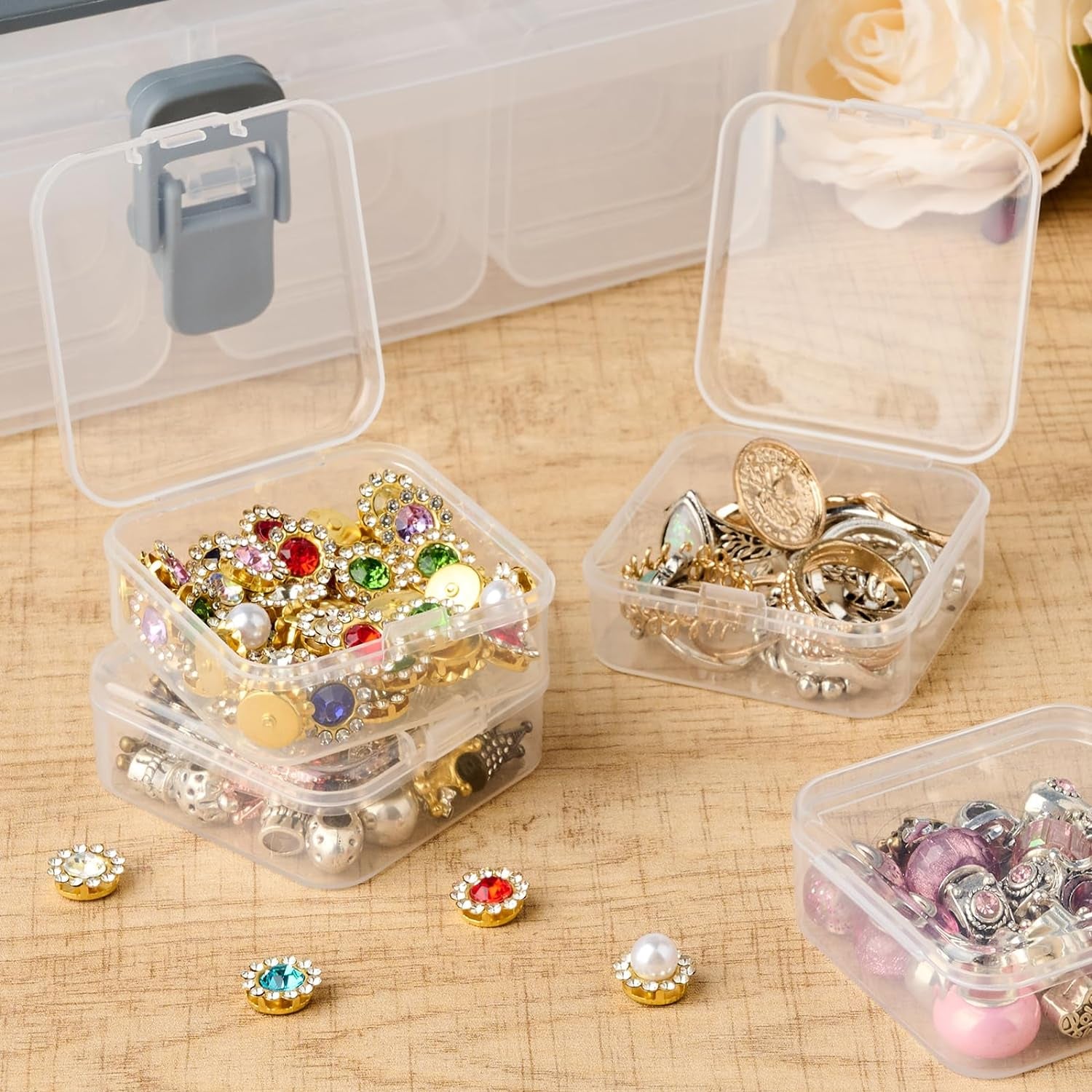 Small Bead Organizers with Handle, 24 Pcs Plastic Storage Cases, Mini Clear Craft Containers with Hinged Lid and Label Small Parts Storage Boxes for DIY Art Craft Accessories