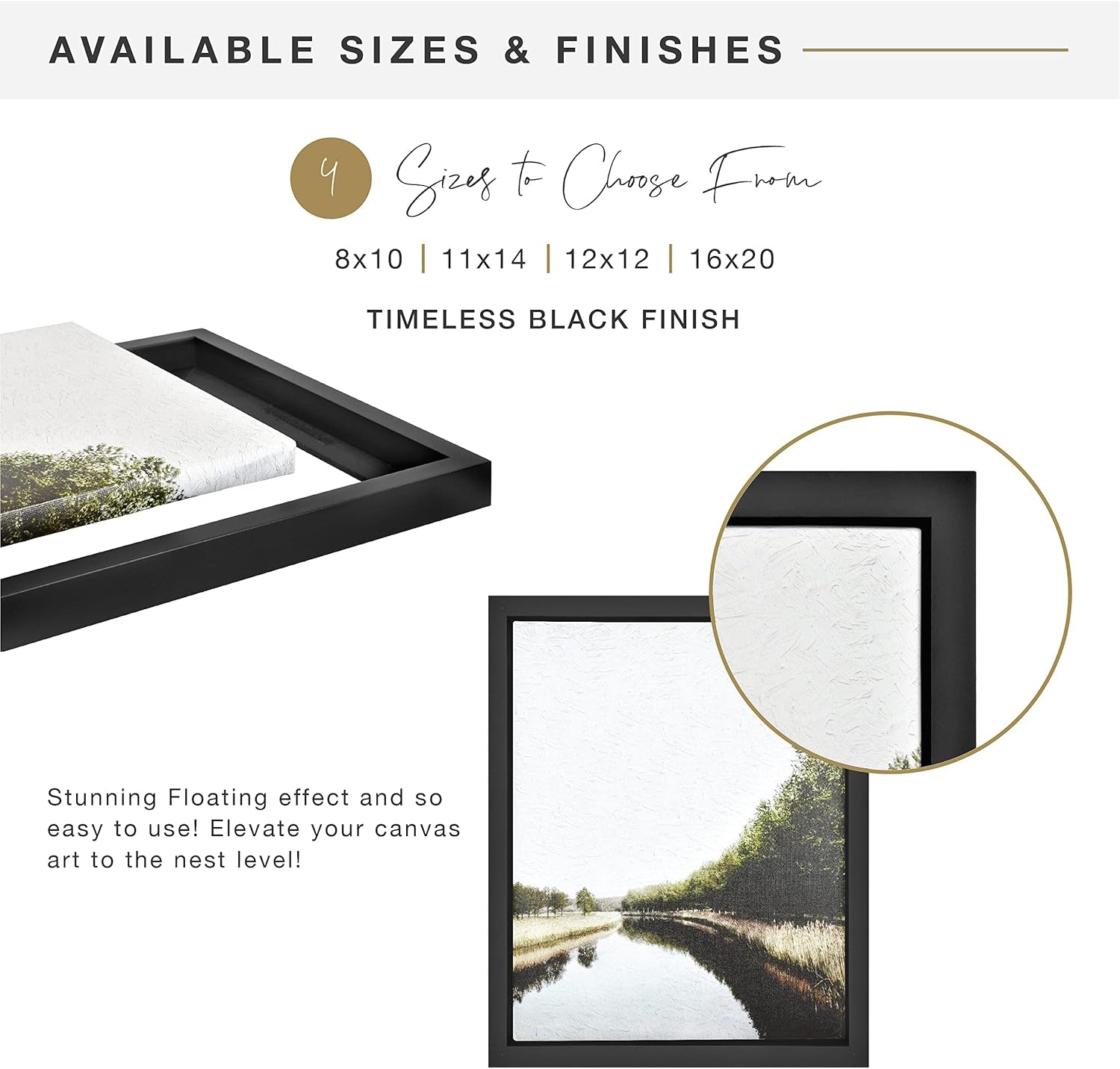 Canvas Float Frames 12X12 Frame, Black Square Frame for Finished Canvases, Vertical &amp; Horizontal Wall Hanging Frame for Canvas Paintings (1-Pack)