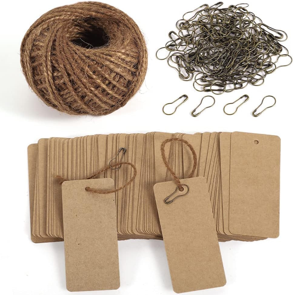 100 Pcs Gift Tags with String, Christmas Stocking Tags Blank Marking Tags with Safety Pins,Name Tags for Gift Bags Label Clothes Arts and Crafts (Kraft Paper)