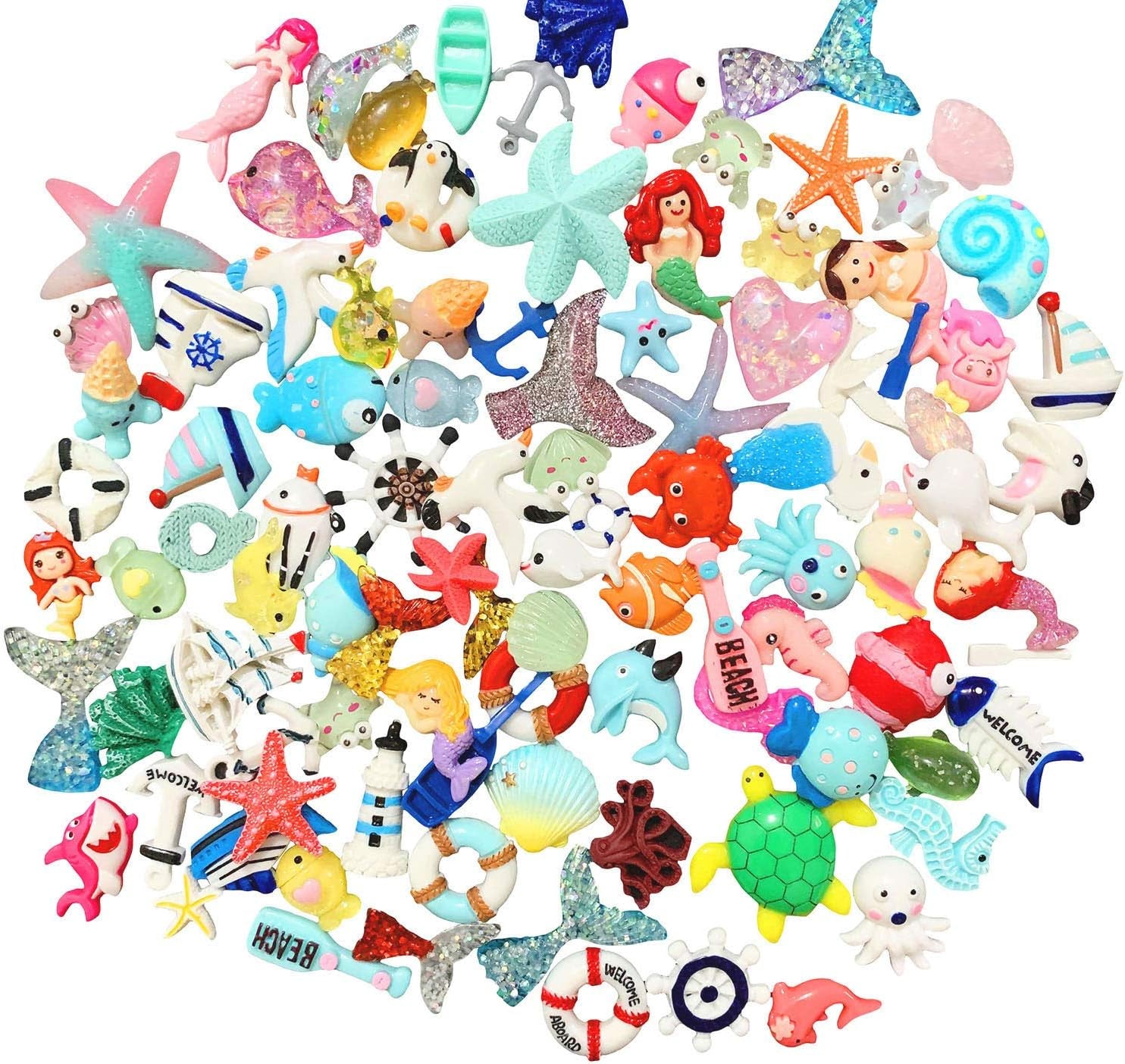100Pcs Miniature Ocean Animals Mermaid Fish Dolphins Glitter Charms Decoration Flatback Resin Sets for DIY Fairy Garden Accessories Crafts