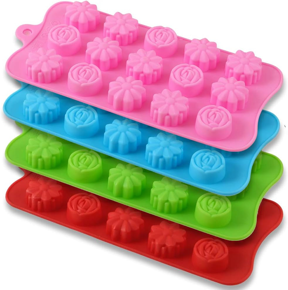 Flower Shape Silicone Molds, 4 Packs 15 Cavity Nonstick Food Grade Silicone Molds DIY for Chocolates, Candies, Ice Cubes, Jellos, Handmade Soap, and Bath Bombs