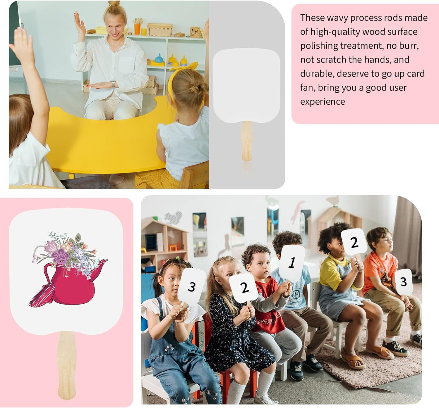 30 Pieces Church Fans Handheld Set, Including Fan Handle Craft Sticks Wavy Wooden Sticks, Blank White Cardstock, Double Sided Tape Church Fans for DIY Crafting Painting